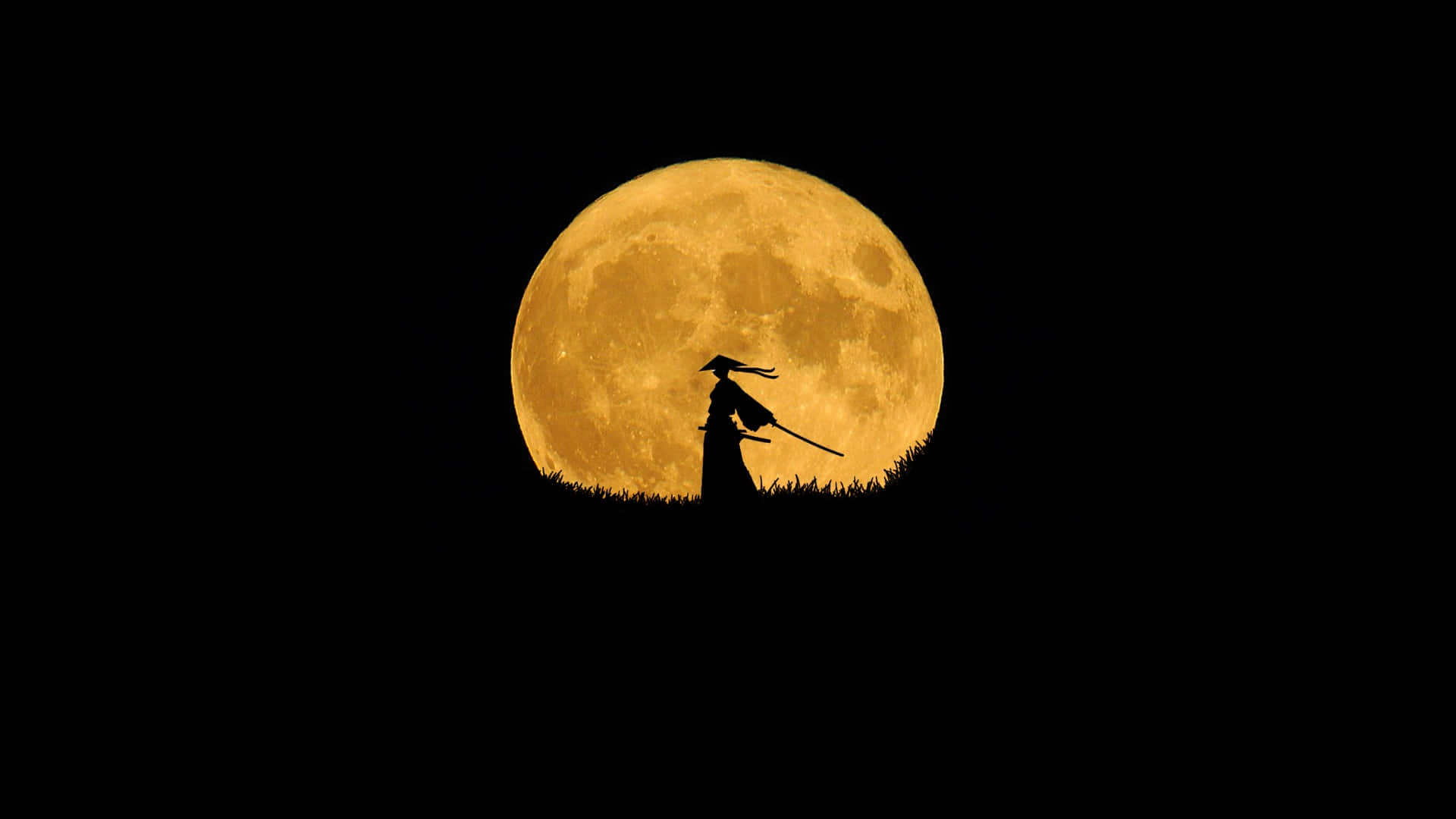 Anime Moon, samurai silhouette, glowing orange full moon, Full HD Desktop Wallpaper