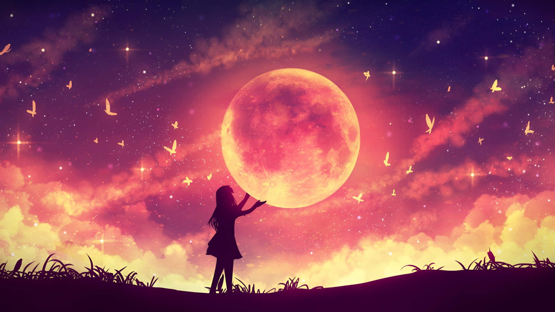 Anime Moon, silhouette, giant glowing moon, Full HD Desktop Wallpaper