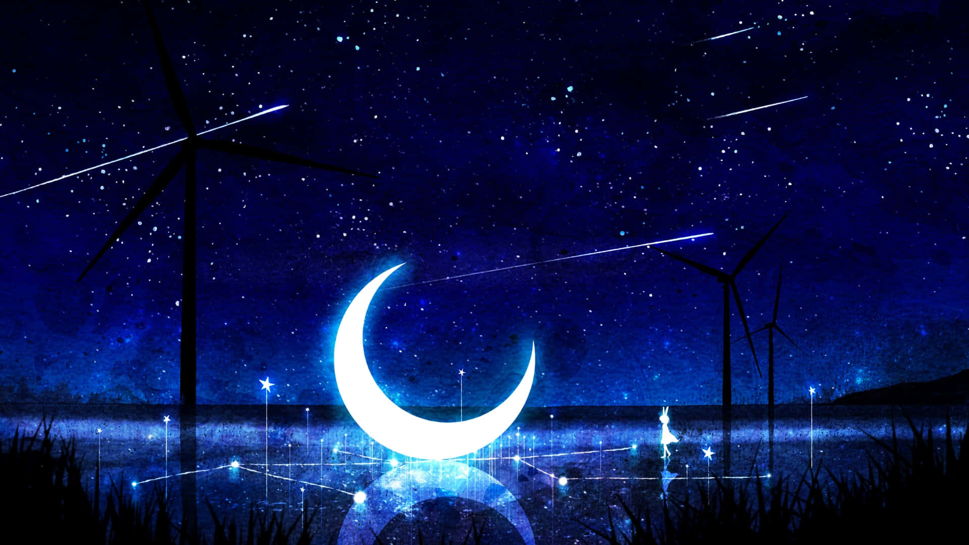 Anime Moon, crescent moon, starry night sky, Full HD Desktop Wallpaper