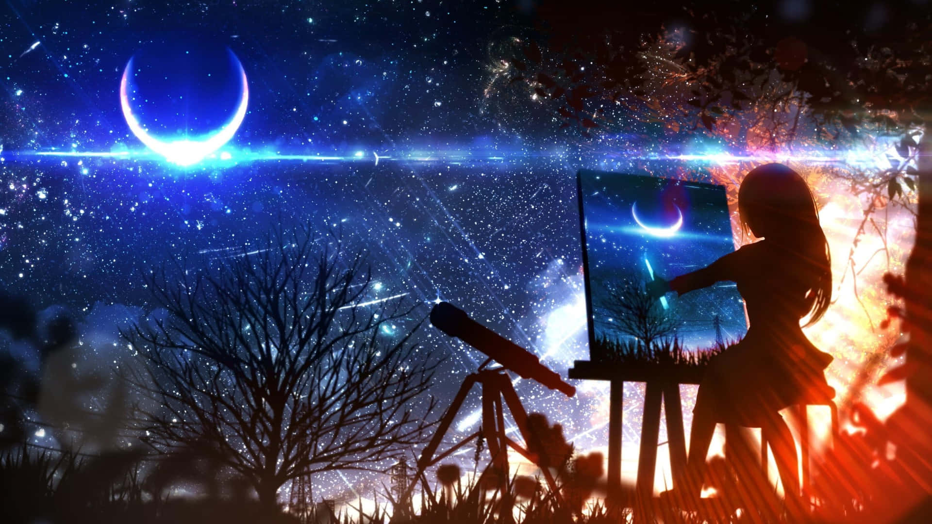 Anime Moon, crescent moon, stars, Full HD Desktop Wallpaper