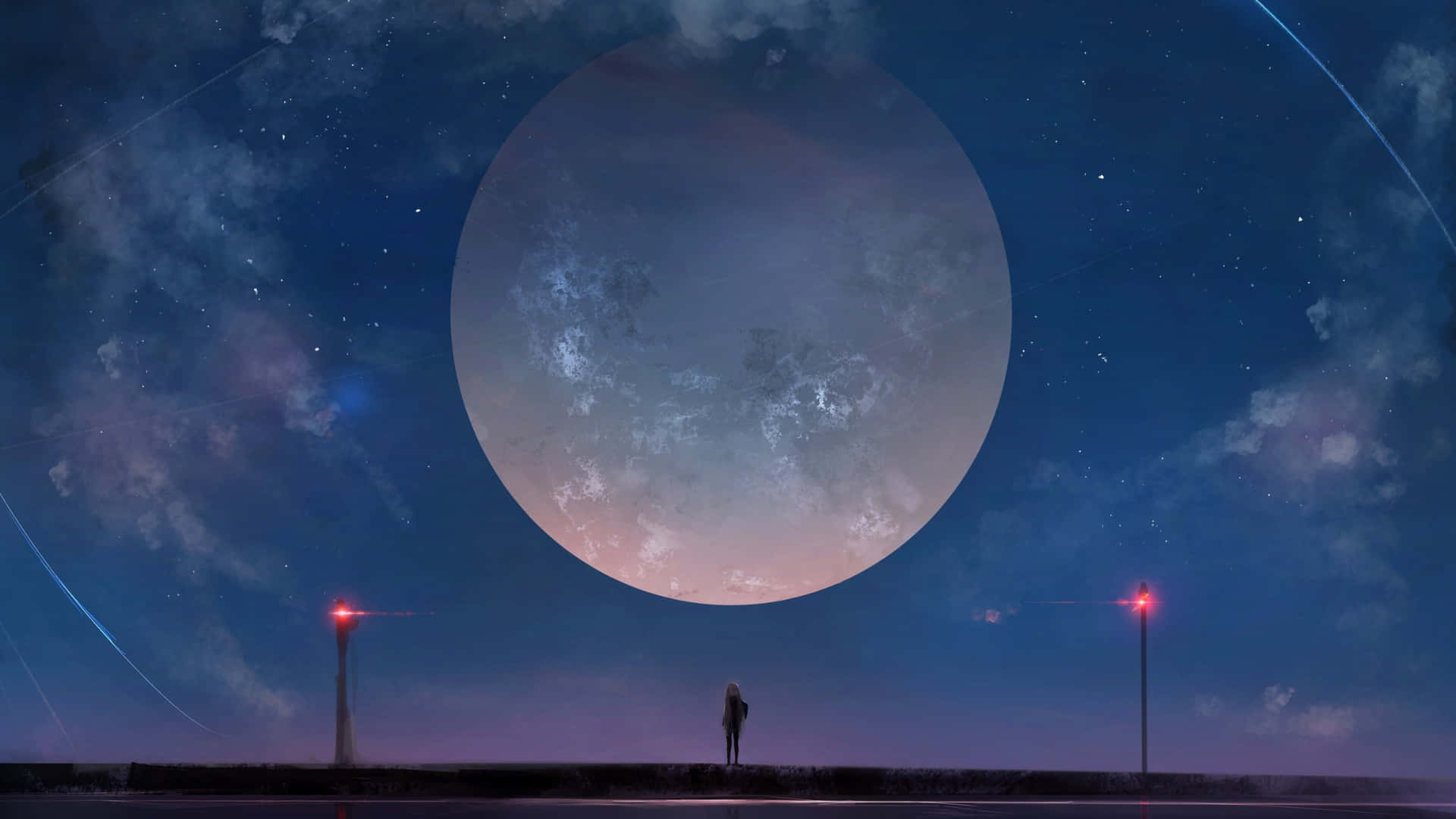 Anime Moon, colossal moon, pink and blue hues, Full HD Desktop Wallpaper