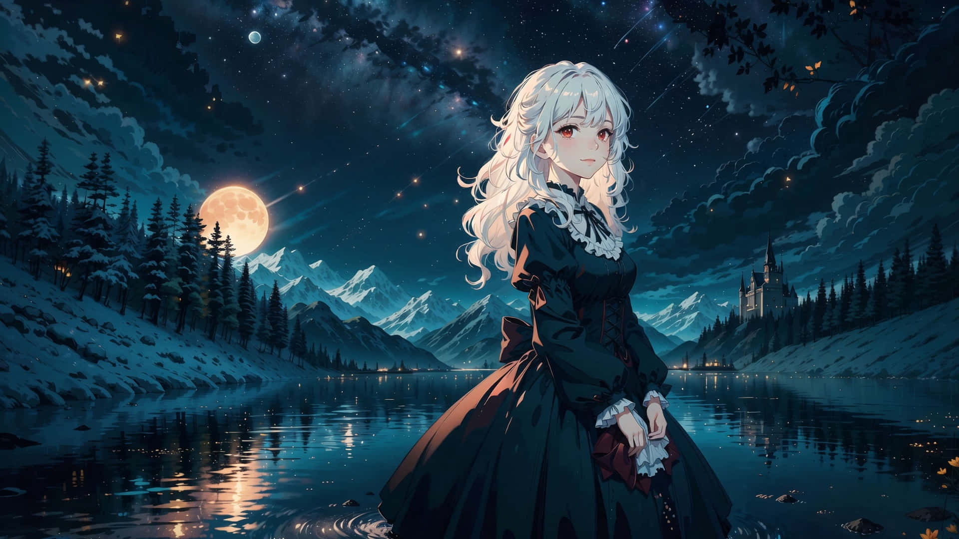 Anime Moonlit Night, white-haired anime girl, dark dress, Full HD Desktop Wallpaper