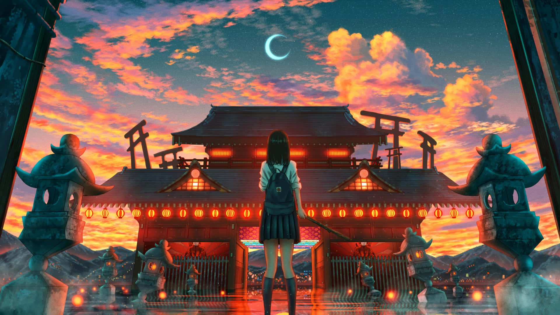 Anime Moon, glowing traditional Japanese shrine, twilight, Full HD Desktop Wallpaper