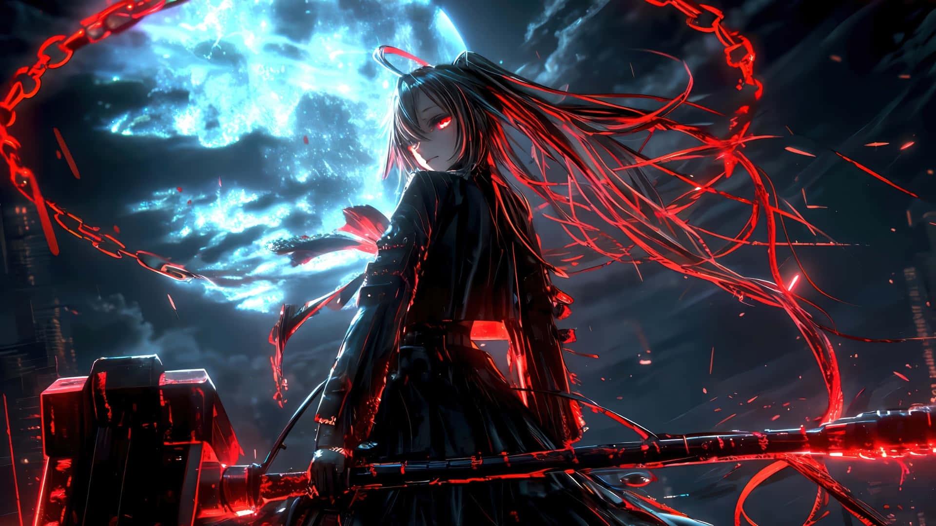 dark-haired anime warrior, glowing red eyes, stormy blue moon, Full HD Desktop Wallpaper