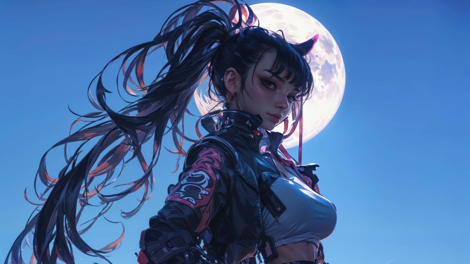 Anime Girl, full moon, cyberpunk, Full HD Desktop Wallpaper