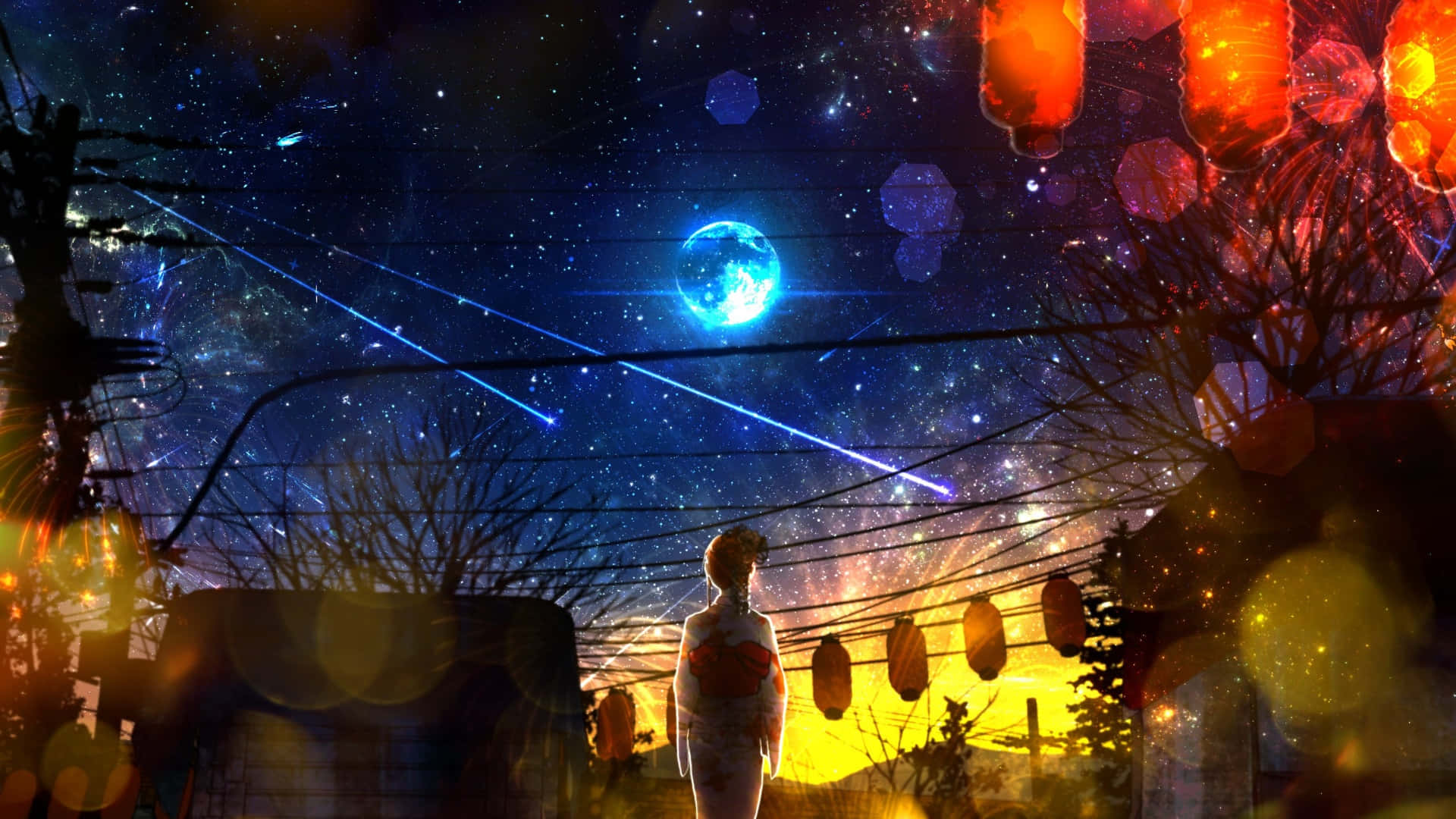 Anime Moon, festival night, glowing blue moon, Full HD Desktop Wallpaper