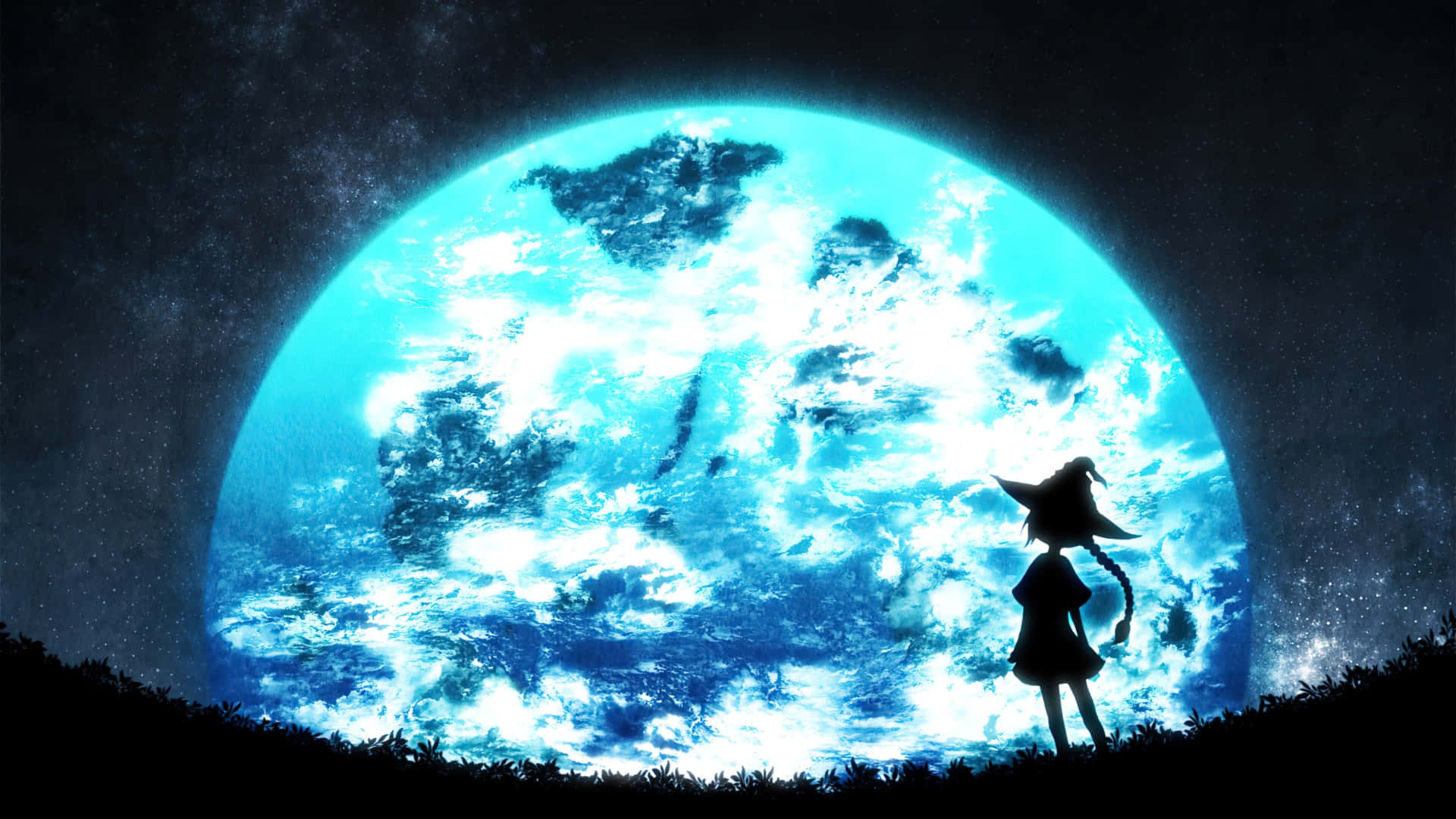 Anime Moon, witch silhouette, glowing blue moon, Full HD Desktop Wallpaper