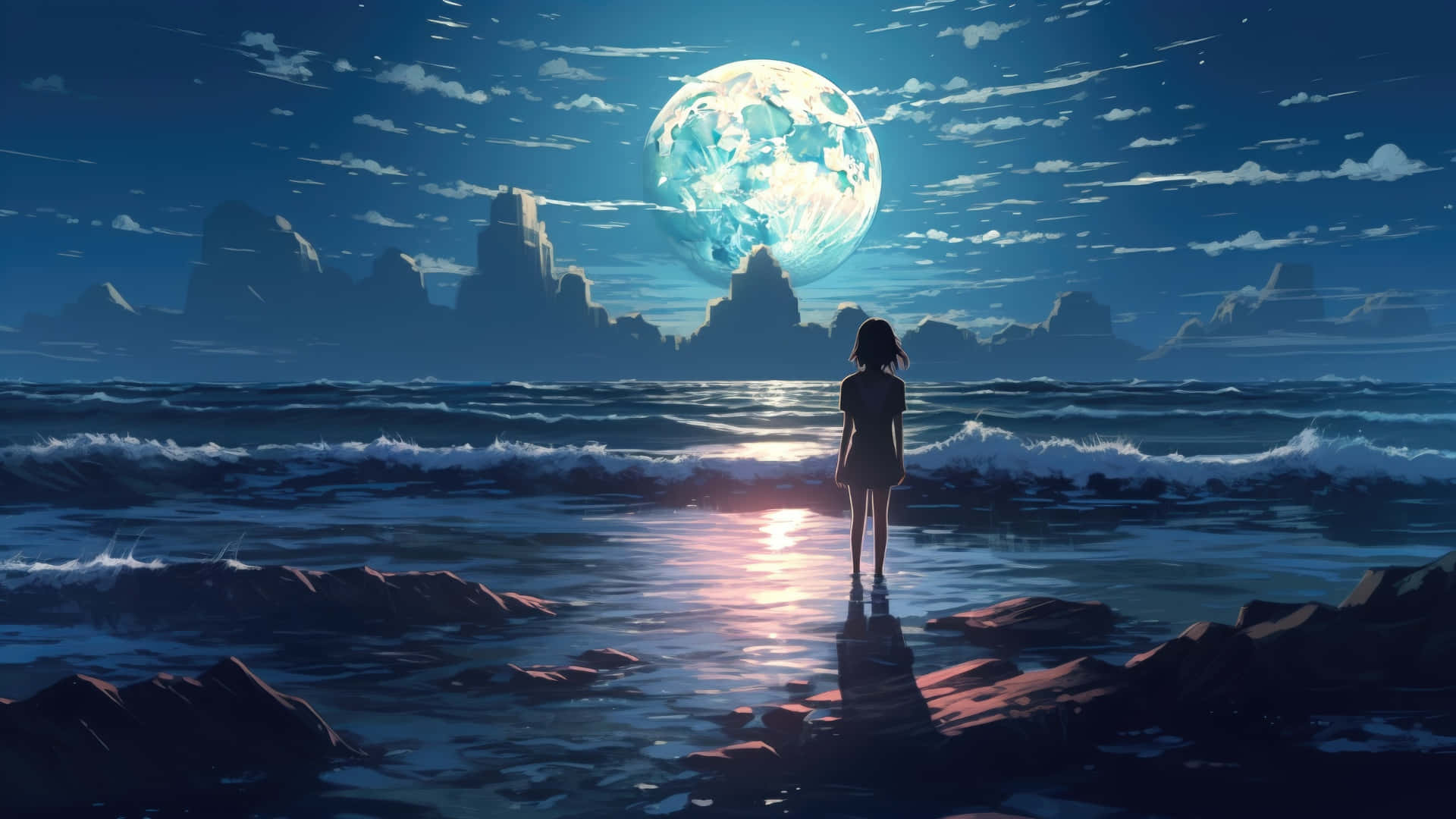 Anime Moon, glowing moon, stormy ocean, Full HD Desktop Wallpaper