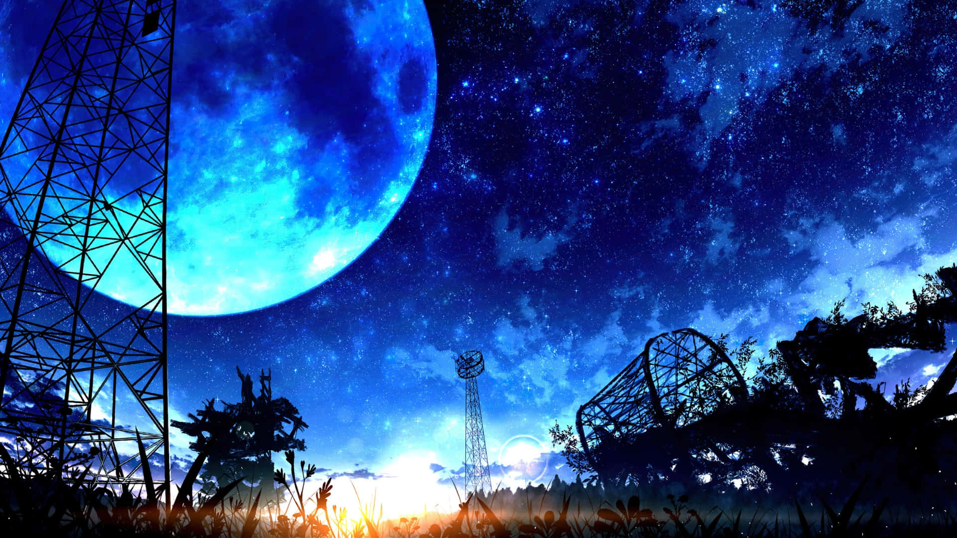 Anime Moon, night sky, glowing blue moon, Full HD Desktop Wallpaper
