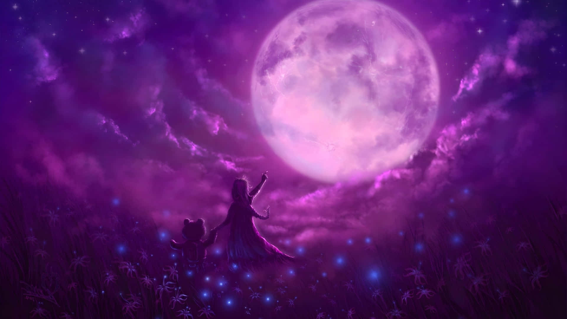 Anime Moon, purple moon, glowing flowers, Full HD Desktop Wallpaper