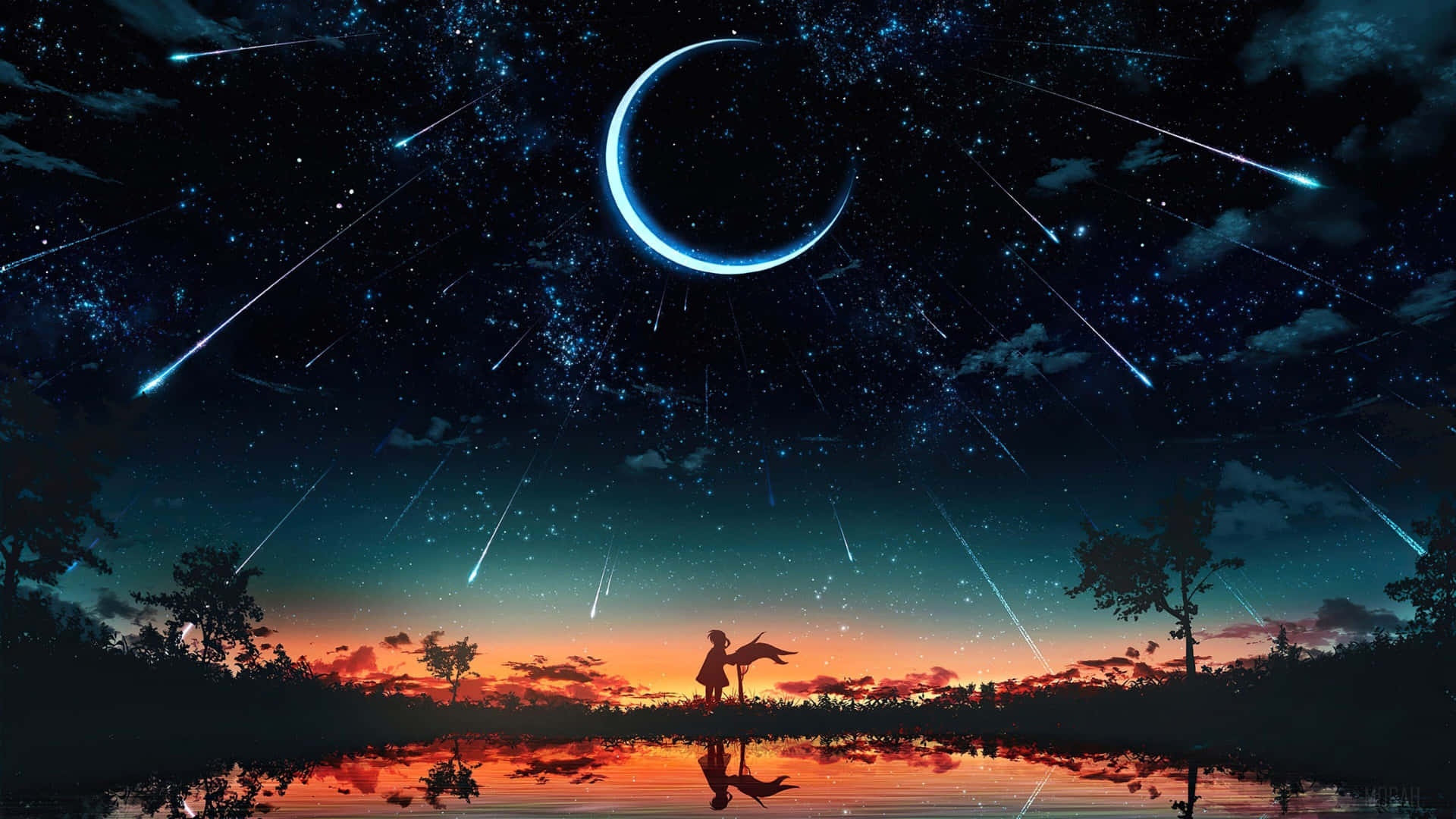 Anime Moon, crescent moon, streaking meteors, Full HD Desktop Wallpaper