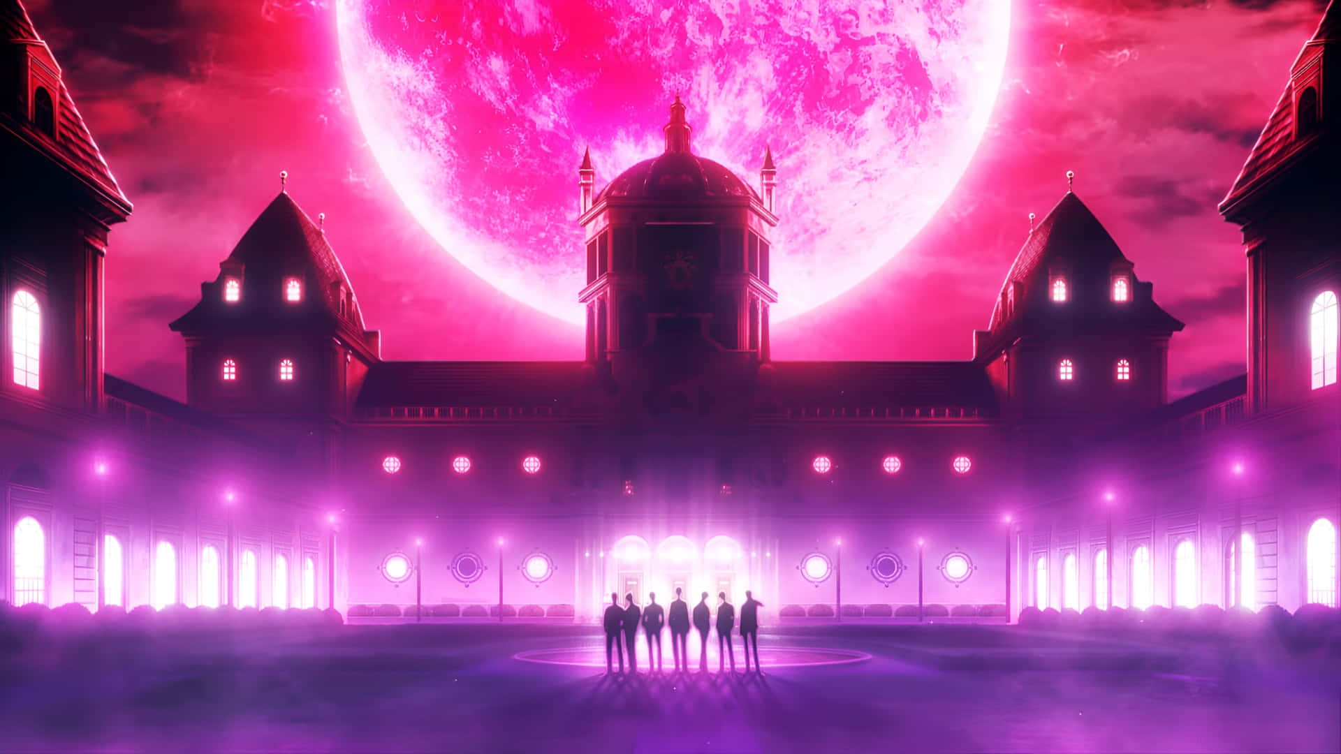Anime Red Moon Scene, glowing pink moon, purple light, Full HD Desktop Wallpaper