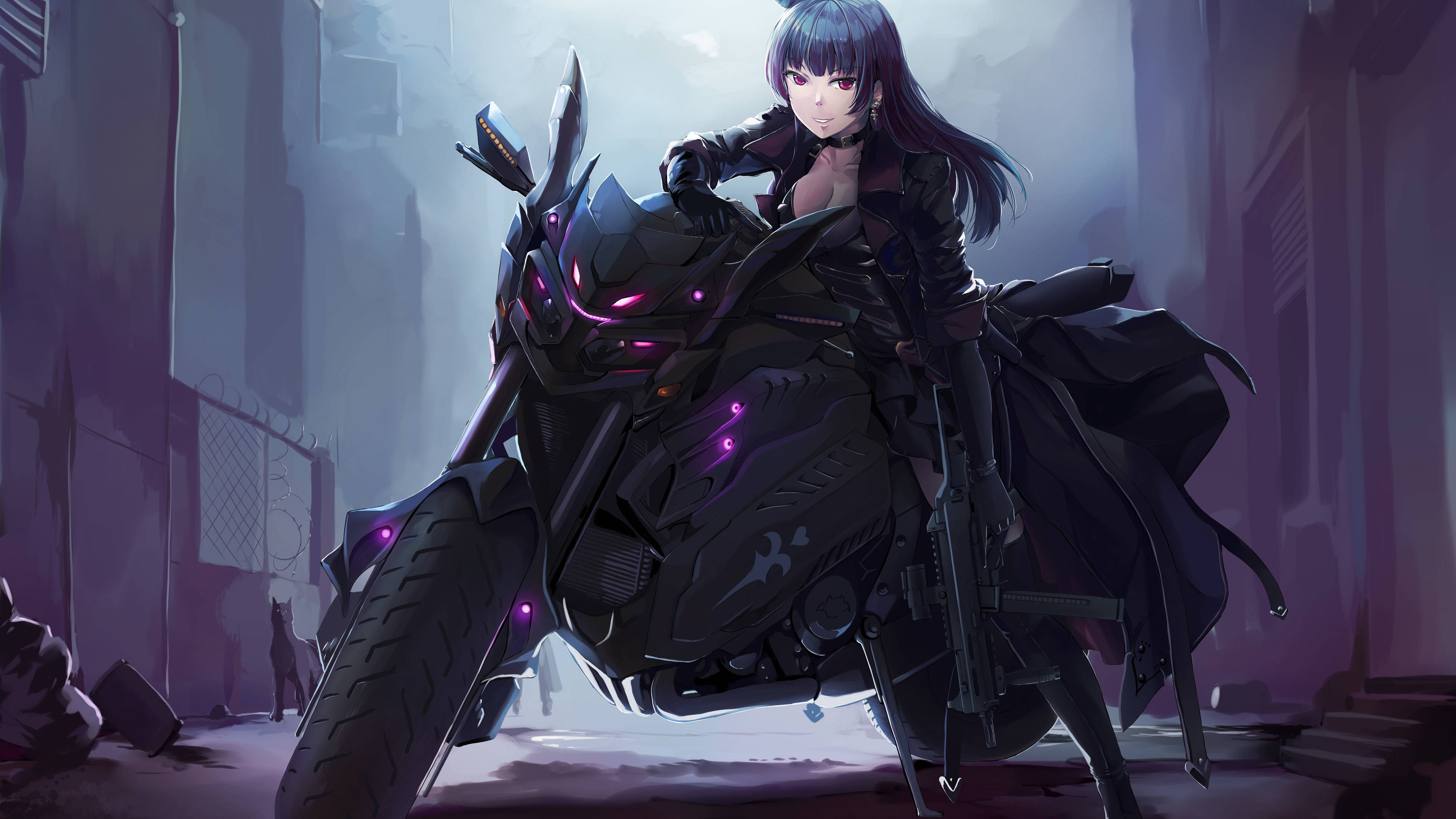 dark-haired anime girl, black leather, futuristic motorcycle, 4K Desktop Wallpaper