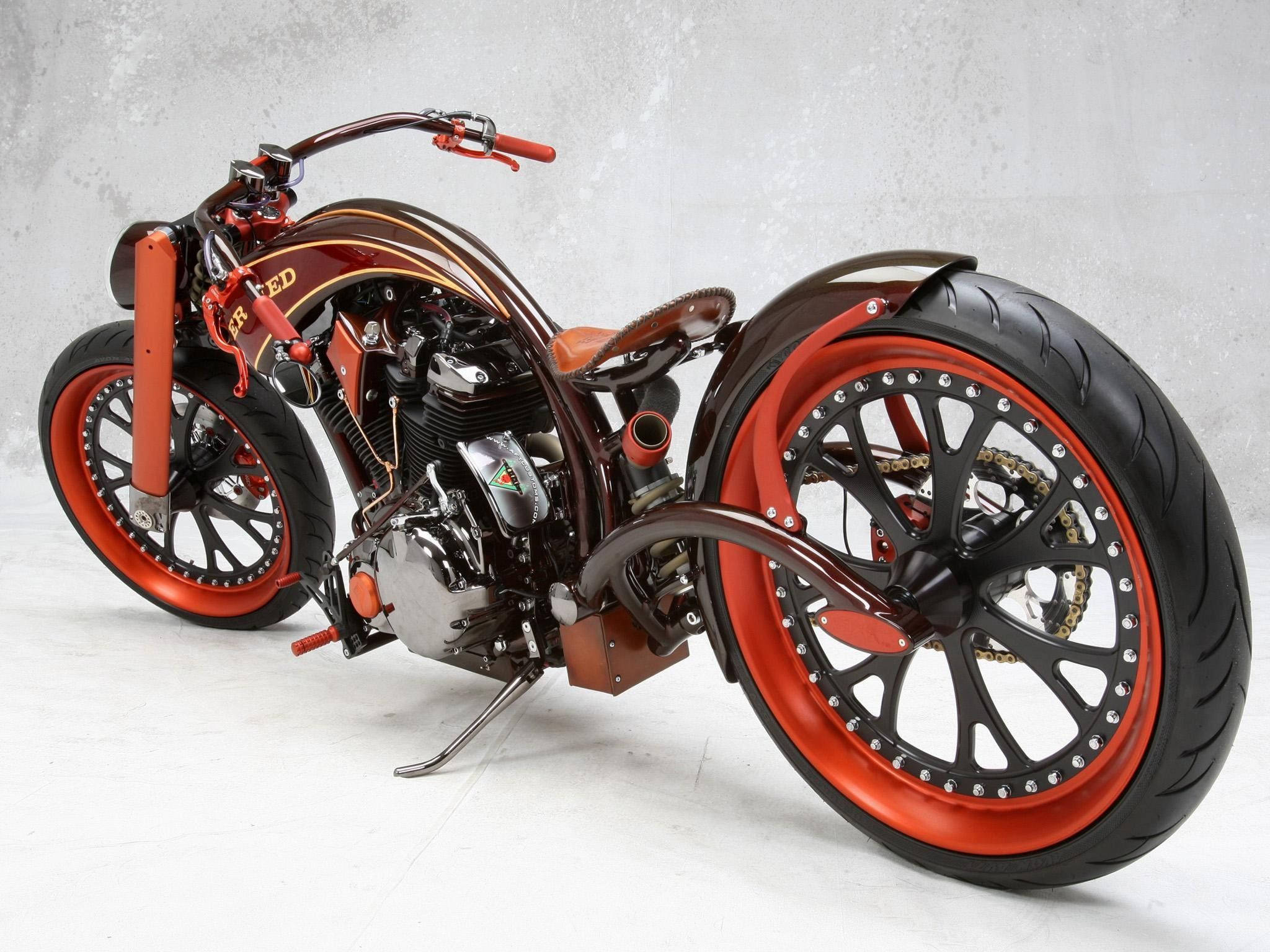 orange chopper motorcycle, red accents, chrome details, Full HD Desktop Wallpaper