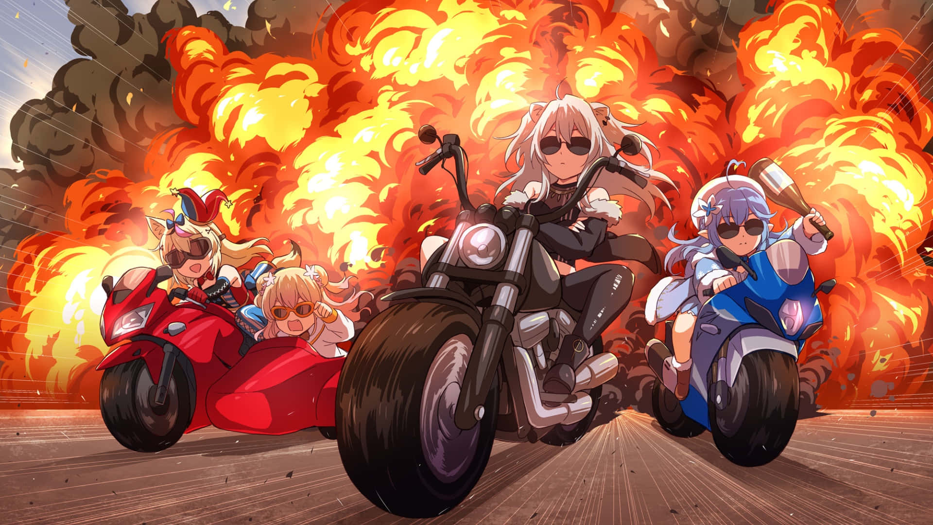 anime motorcycle chase scene, three anime girls, motorcycles, Full HD Desktop Wallpaper