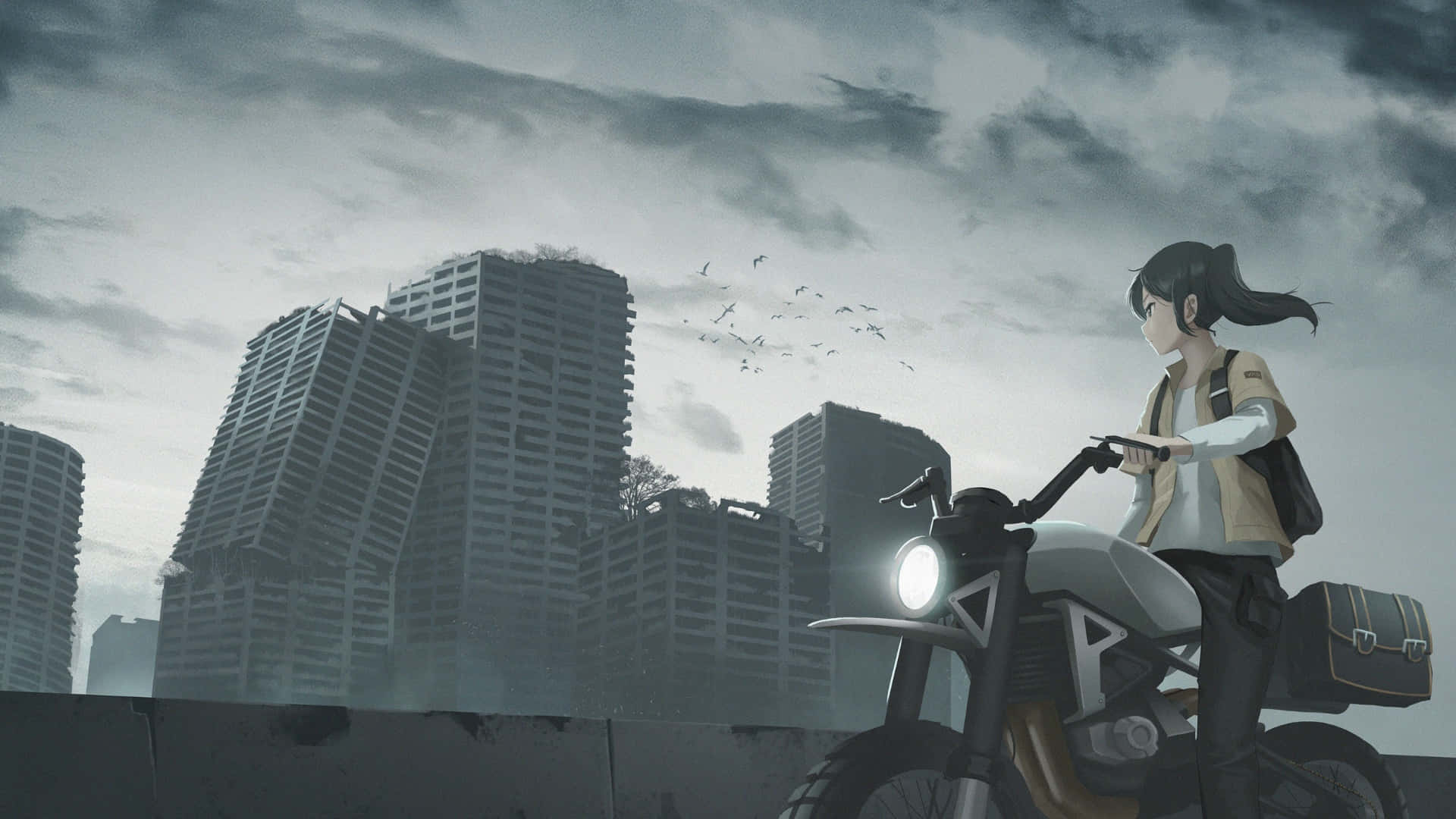 anime girl, motorcycle, ruined cityscape, Full HD Desktop Wallpaper