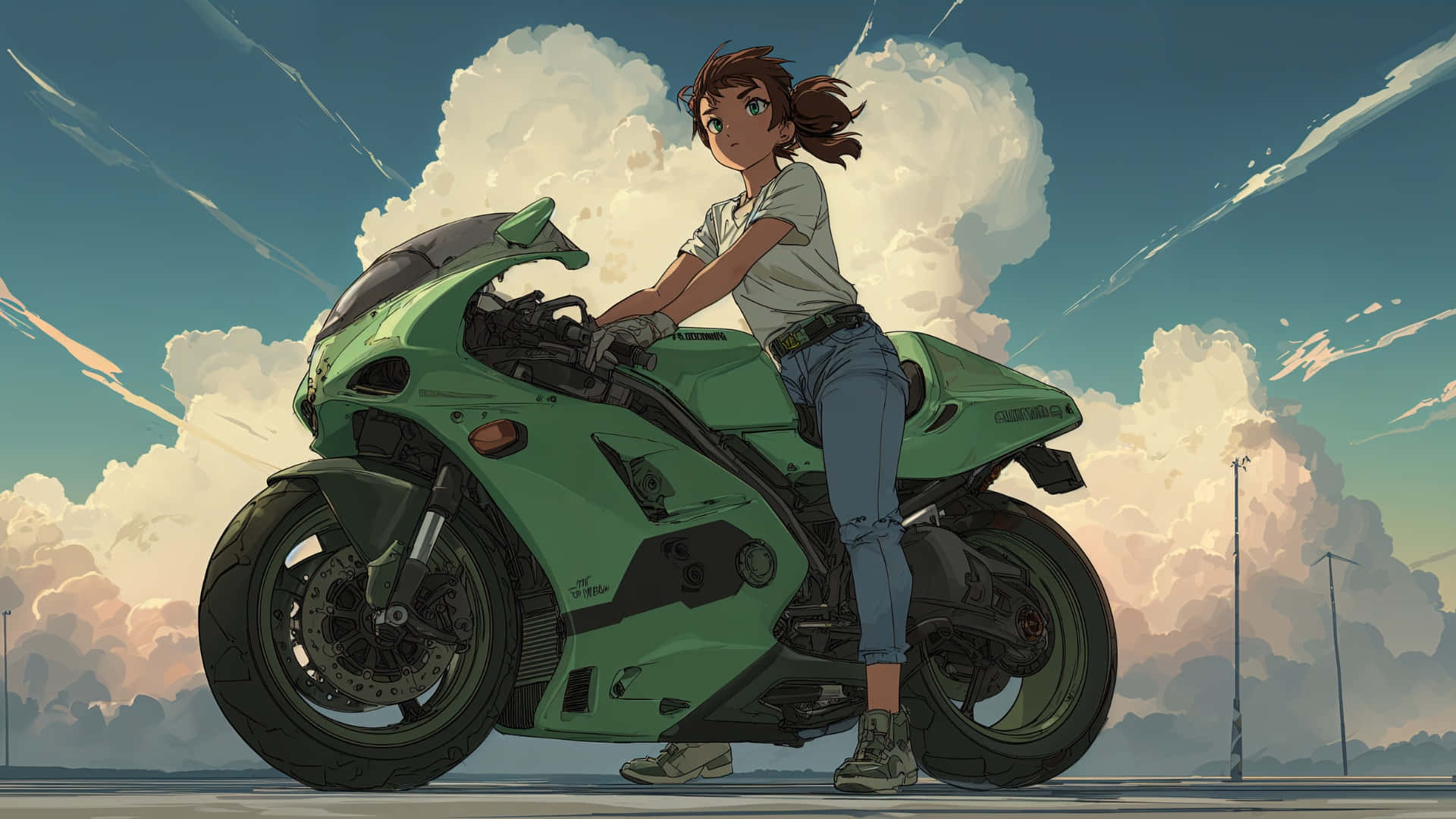 anime girl, green motorcycle, sleek sport motorcycle, Full HD Desktop Wallpaper