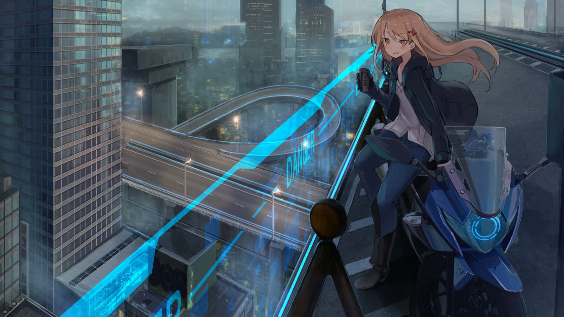 blonde anime girl, blue motorcycle, city rooftop, Full HD Desktop Wallpaper
