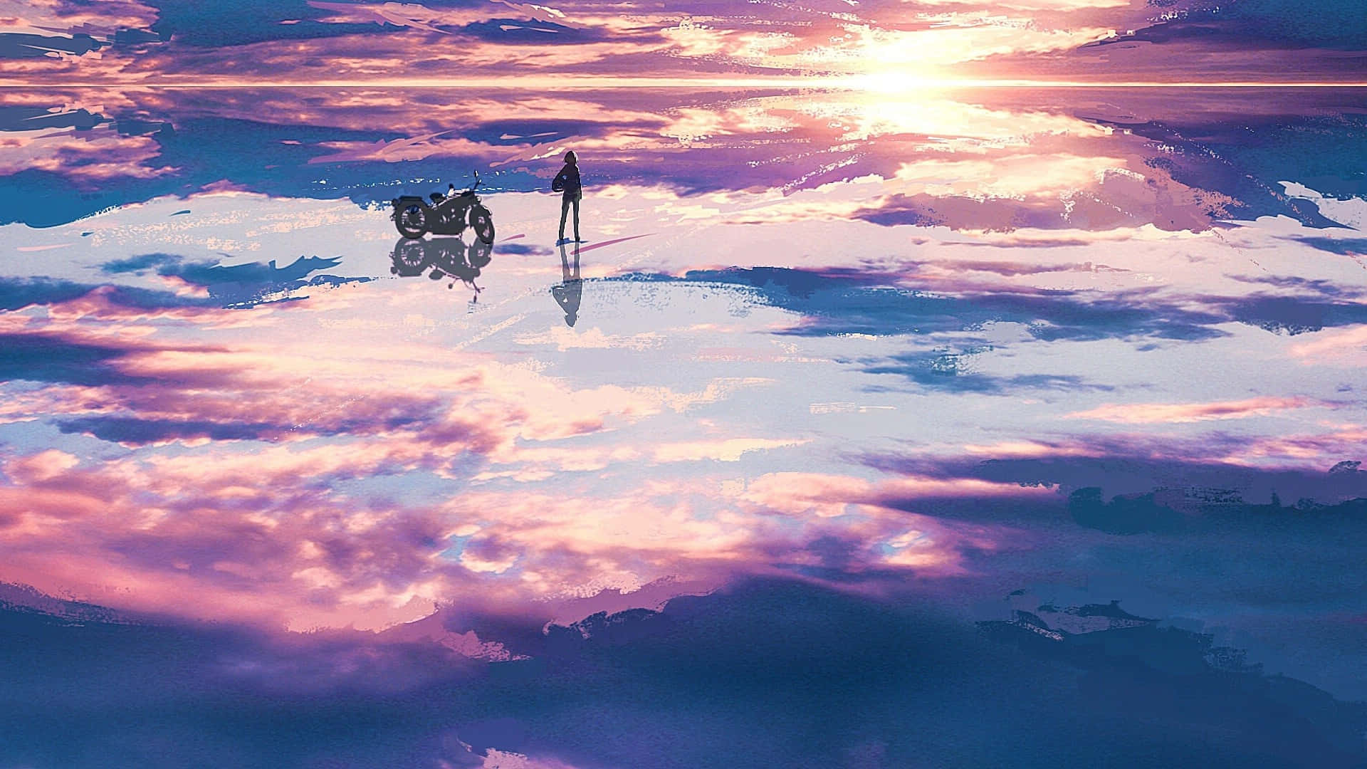 Anime Motorcycle, sunset, pink purple sunset sky, Full HD Desktop Wallpaper