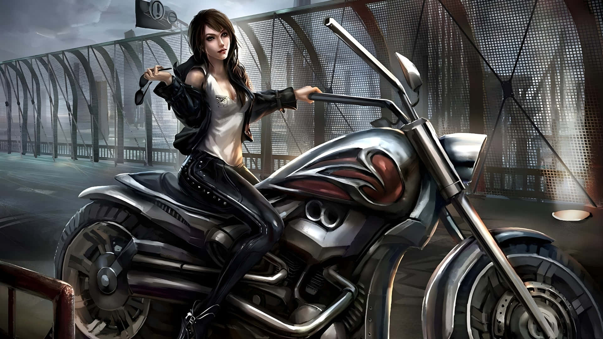 anime girl, black leather, chrome motorcycle, Full HD Desktop Wallpaper