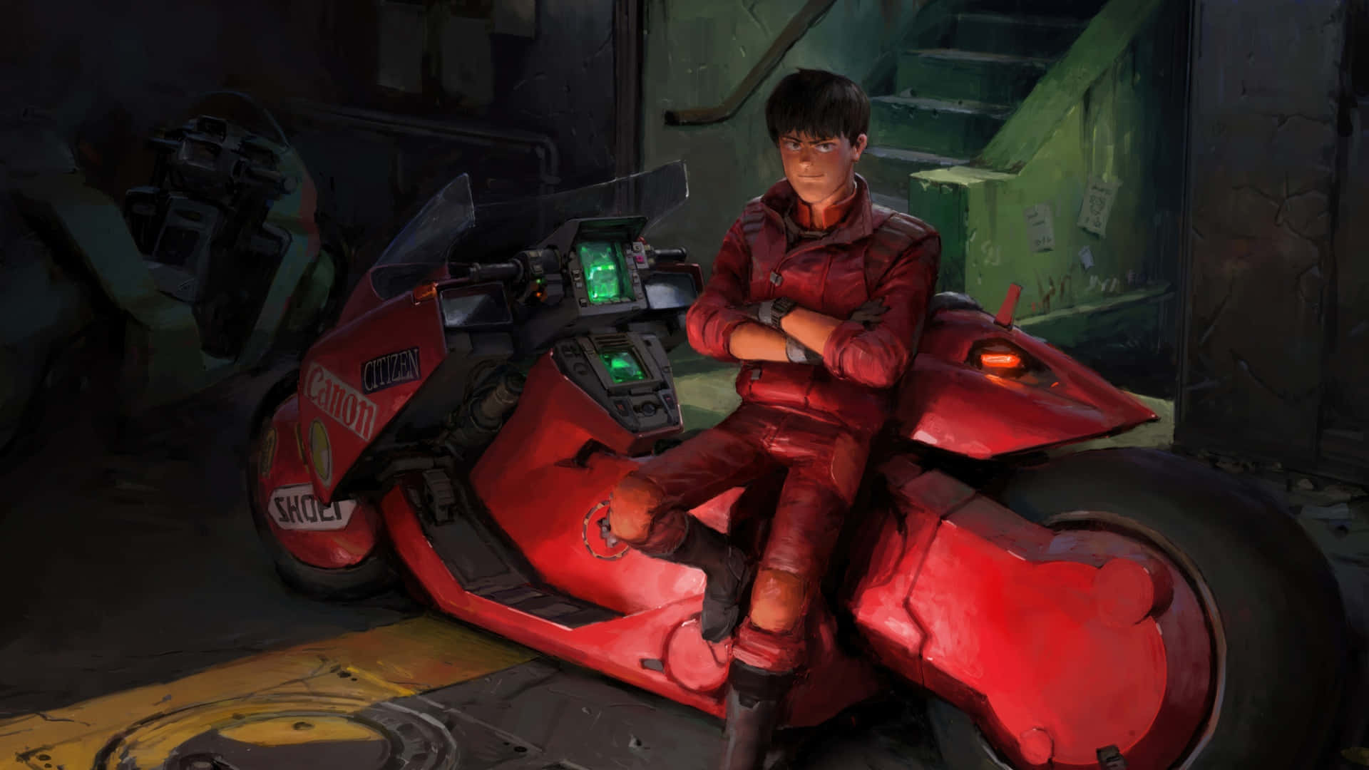 red futuristic motorcycle, young person in red gear, dimly lit industrial garage, Full HD Desktop Wallpaper