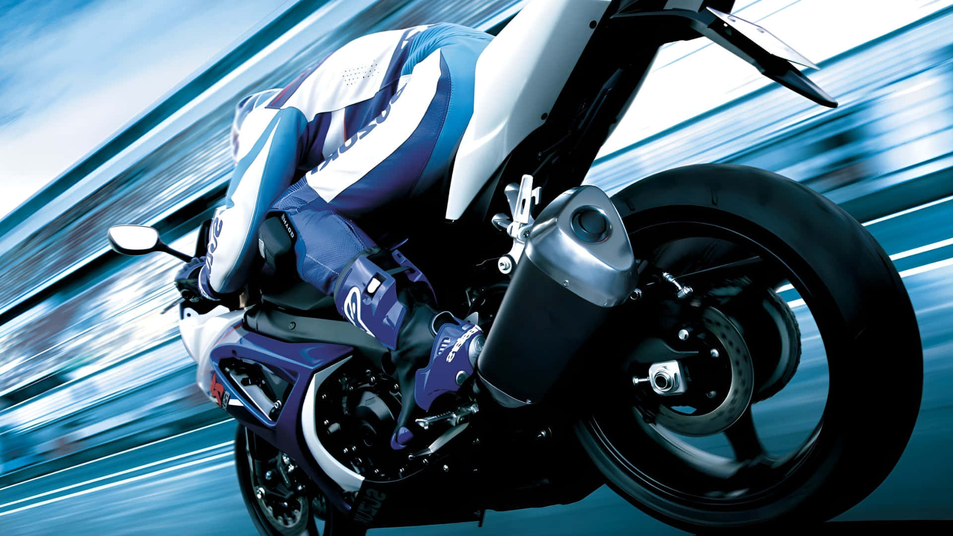 sport bike, blue and white racing gear, streaked blue background, Full HD Desktop Wallpaper
