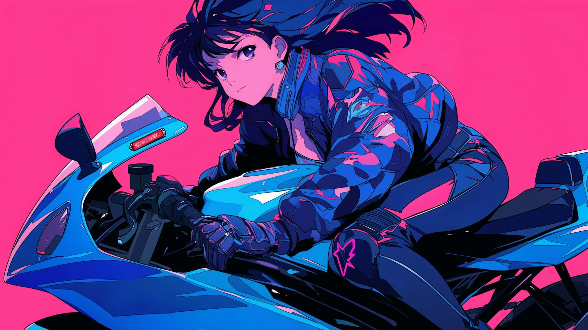 anime girl, dark hair, sleek blue motorcycle, Full HD Desktop Wallpaper