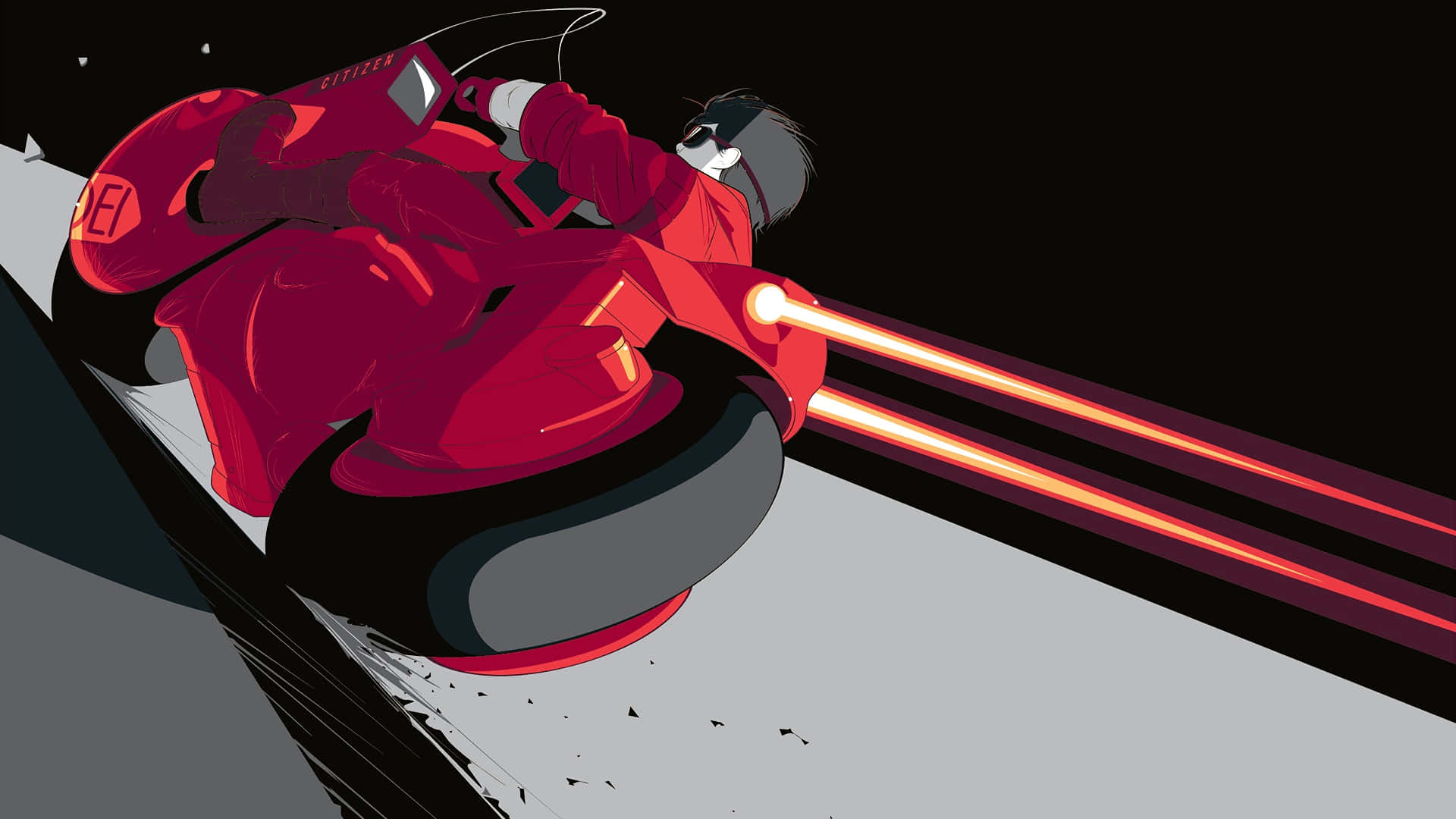 red suit, futuristic red motorcycle, glowing orange exhaust trails, Full HD Desktop Wallpaper