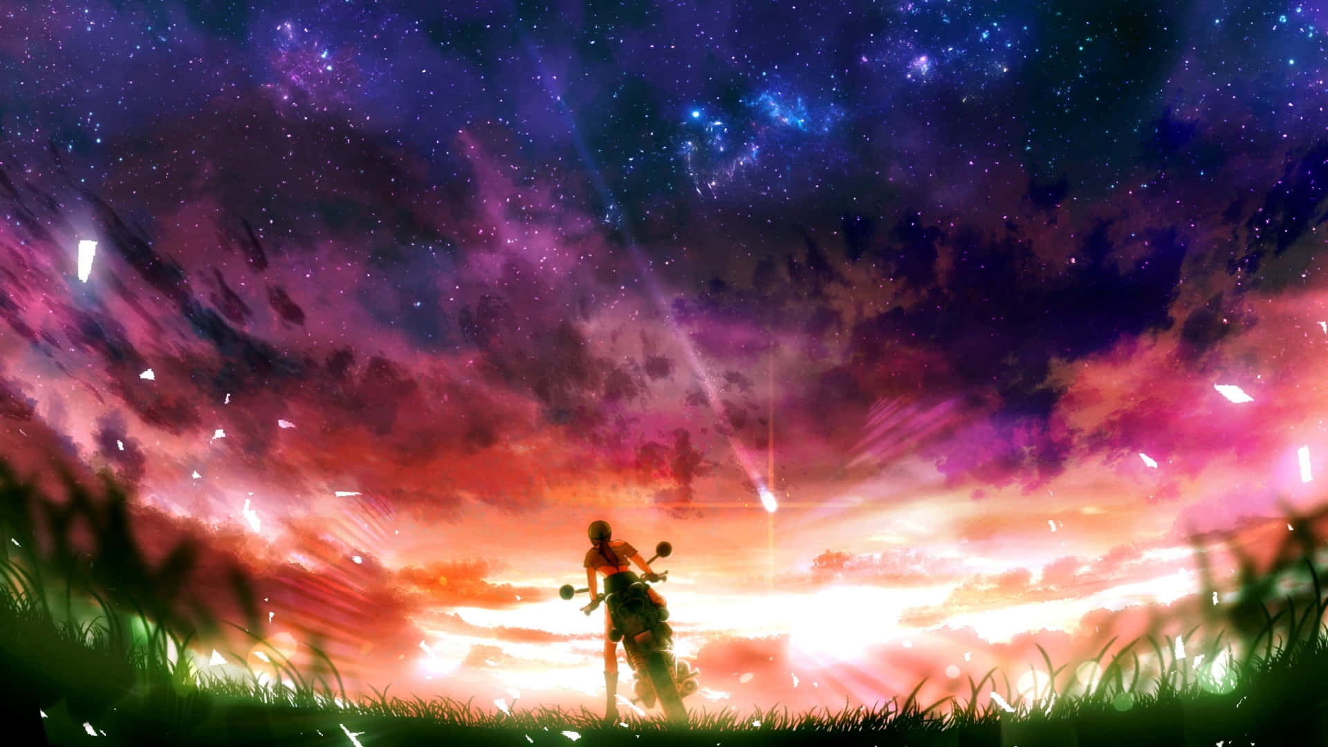 anime motorcycle, sunset, purple pink and blue nebulae, Full HD Desktop Wallpaper