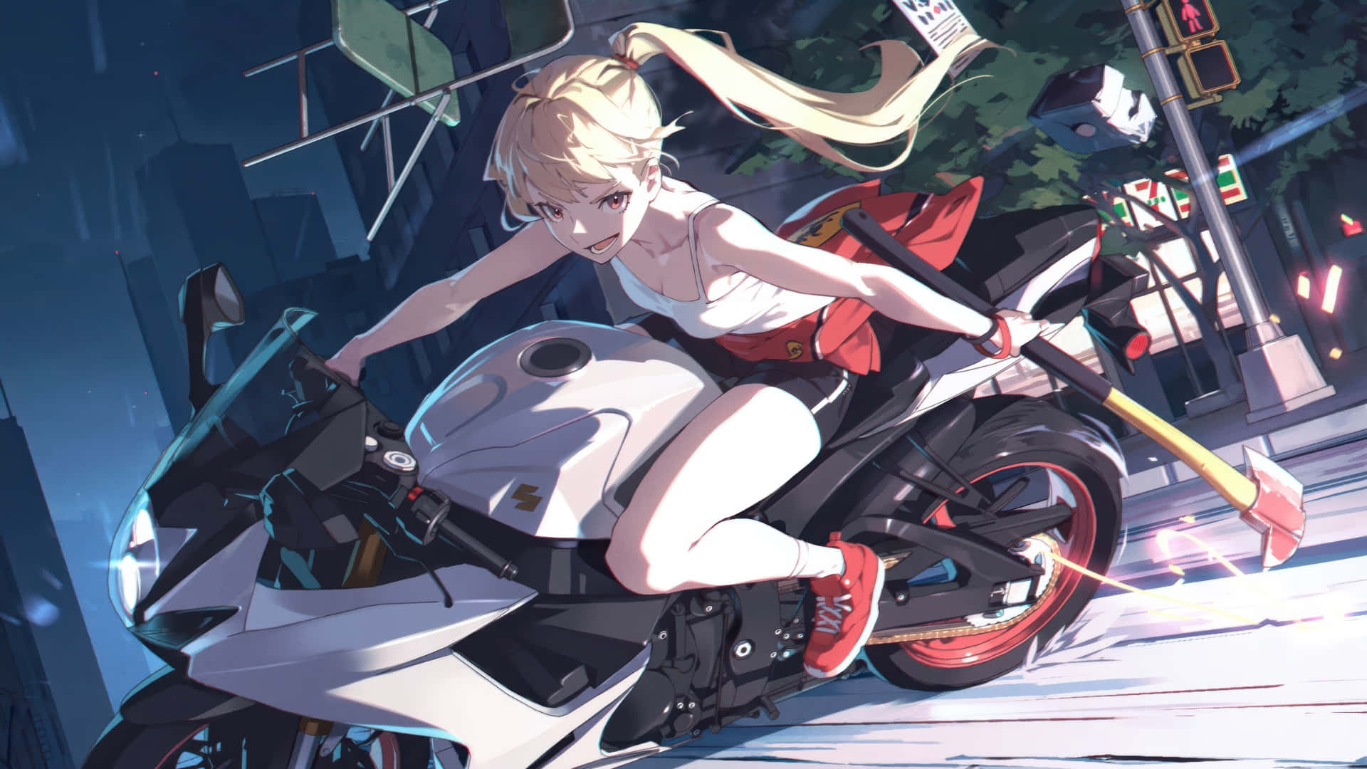 anime girl, futuristic motorcycle, white sport motorcycle, Full HD Desktop Wallpaper