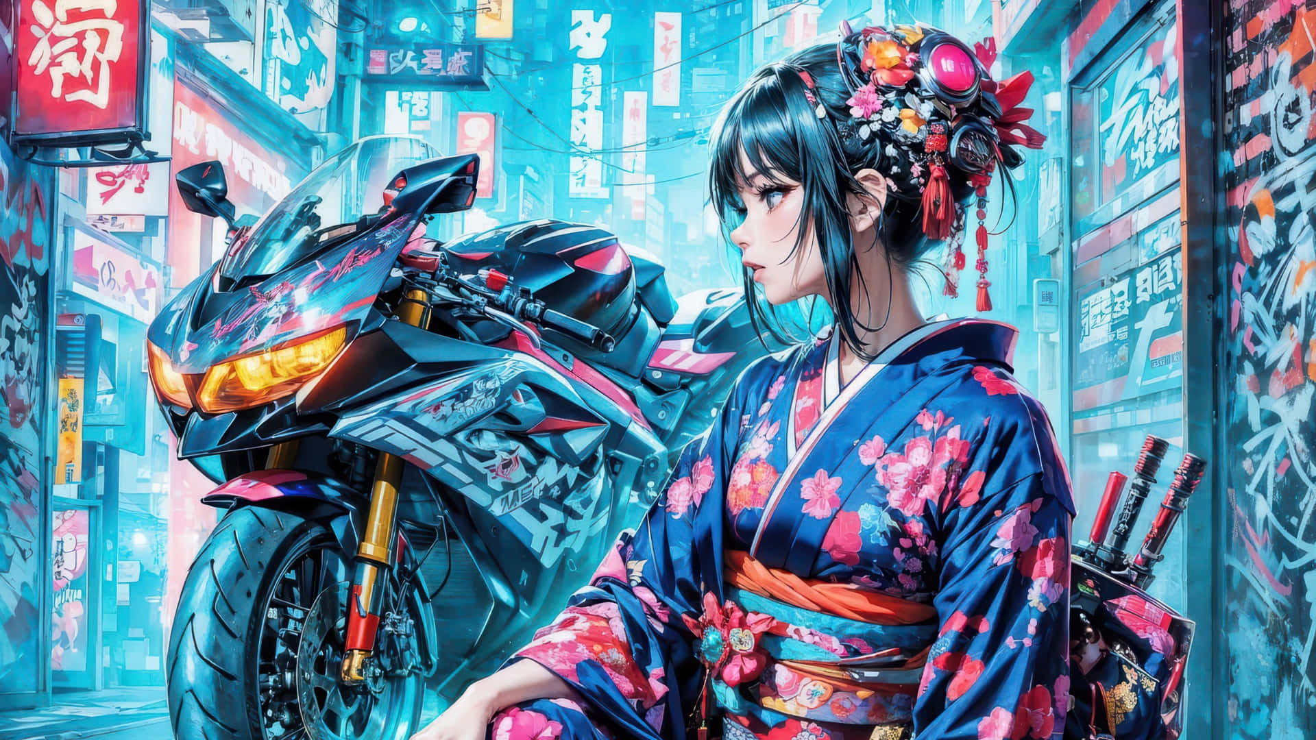 anime girl, futuristic motorcycle, sleek black motorcycle, Full HD Desktop Wallpaper