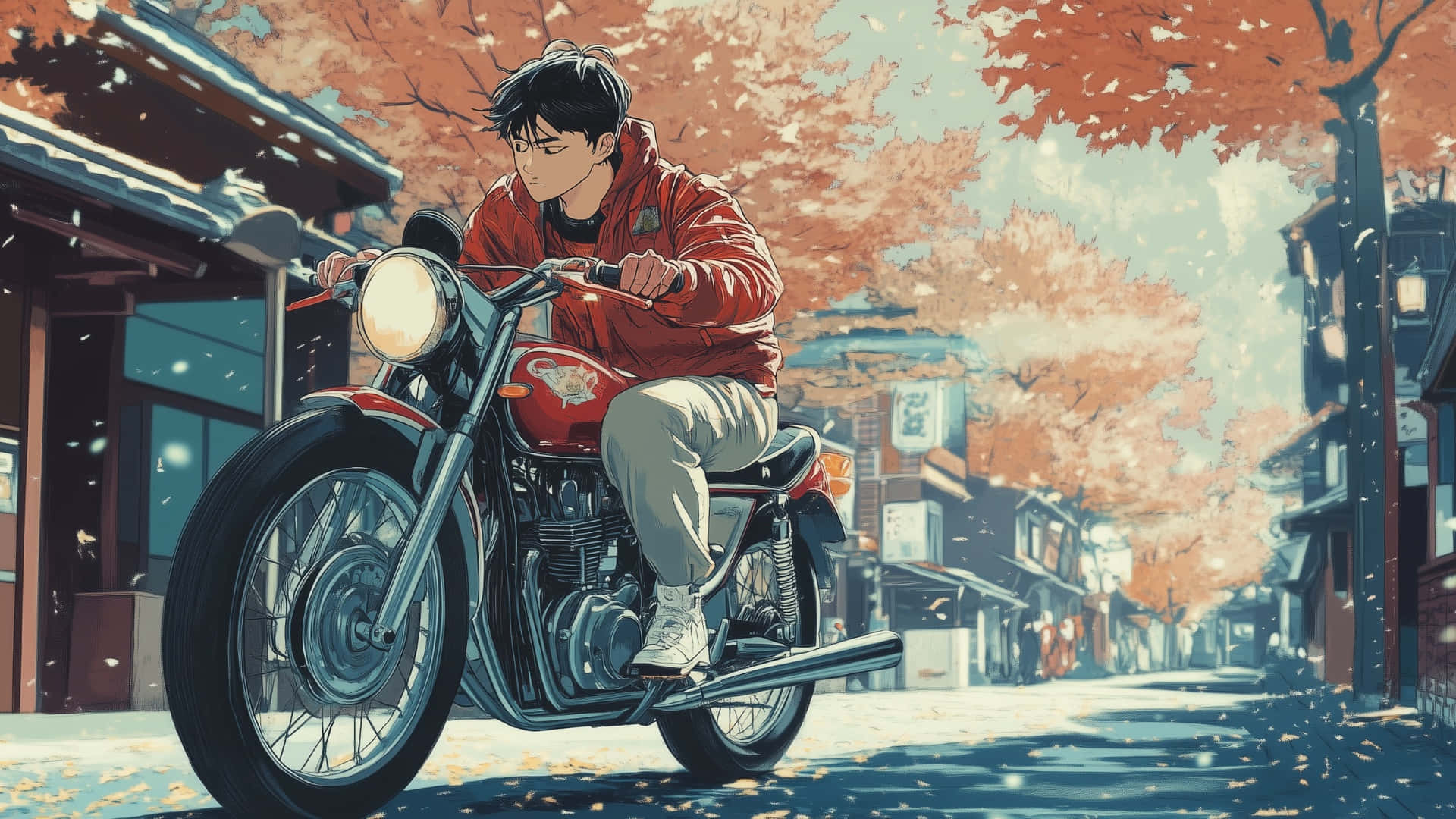 red jacket, vintage motorcycle, autumn leaves, Full HD Desktop Wallpaper