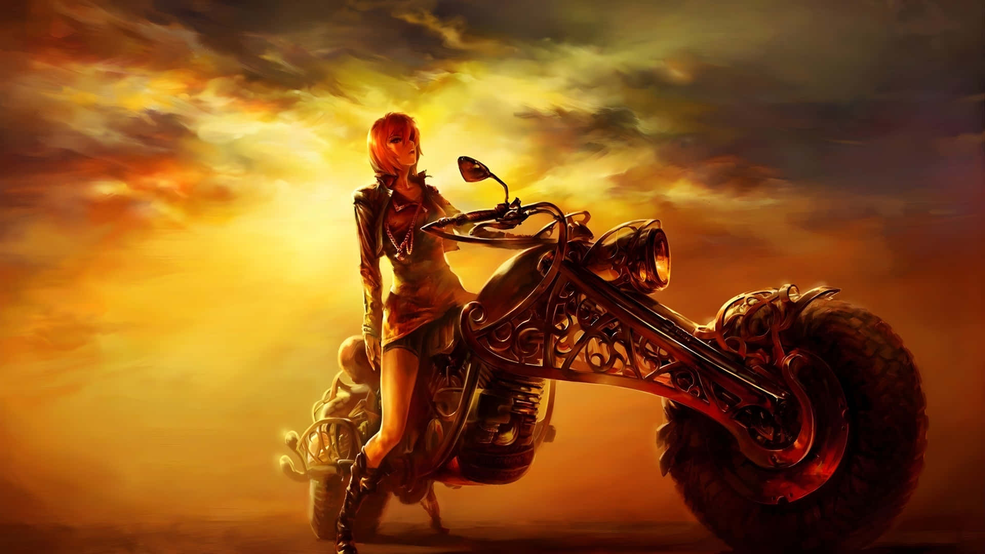 red-haired woman, leather, ornate motorcycle, Full HD Desktop Wallpaper