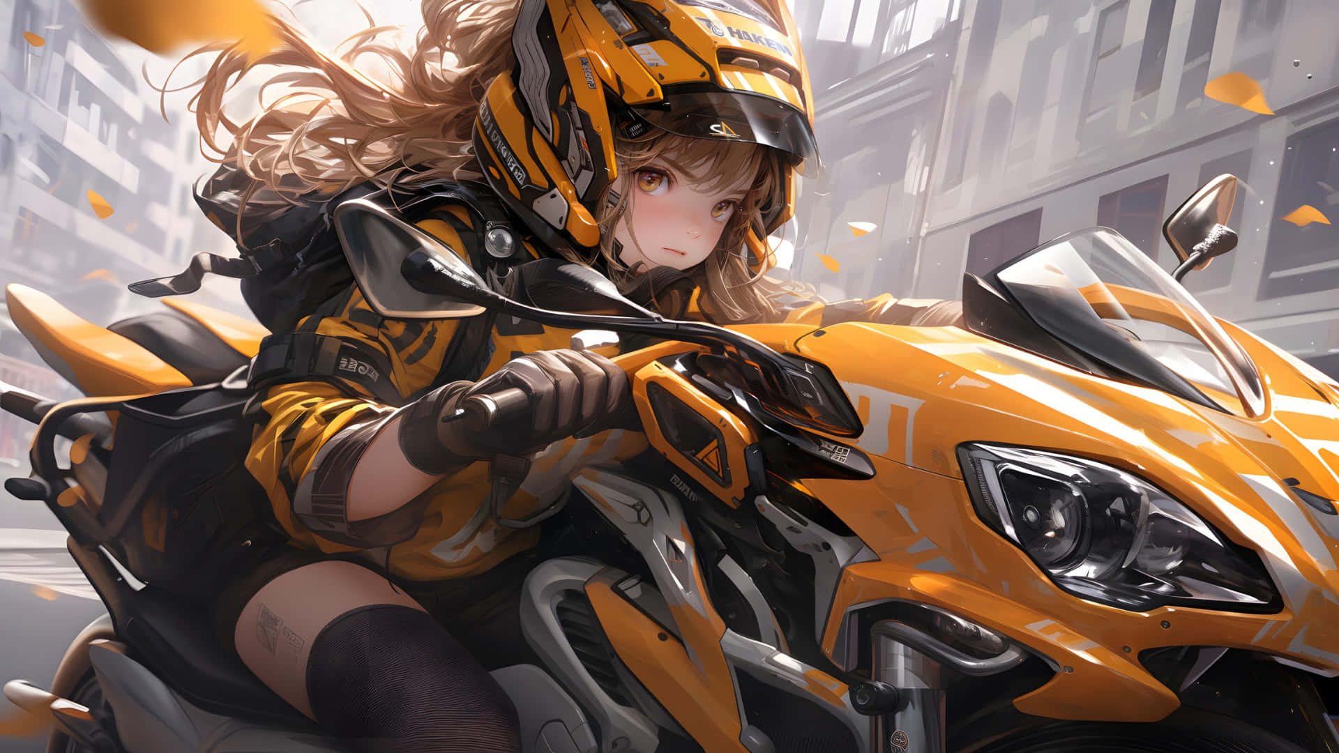 yellow racing helmet, matching gear, sleek orange sport motorcycle, Full HD Desktop Wallpaper