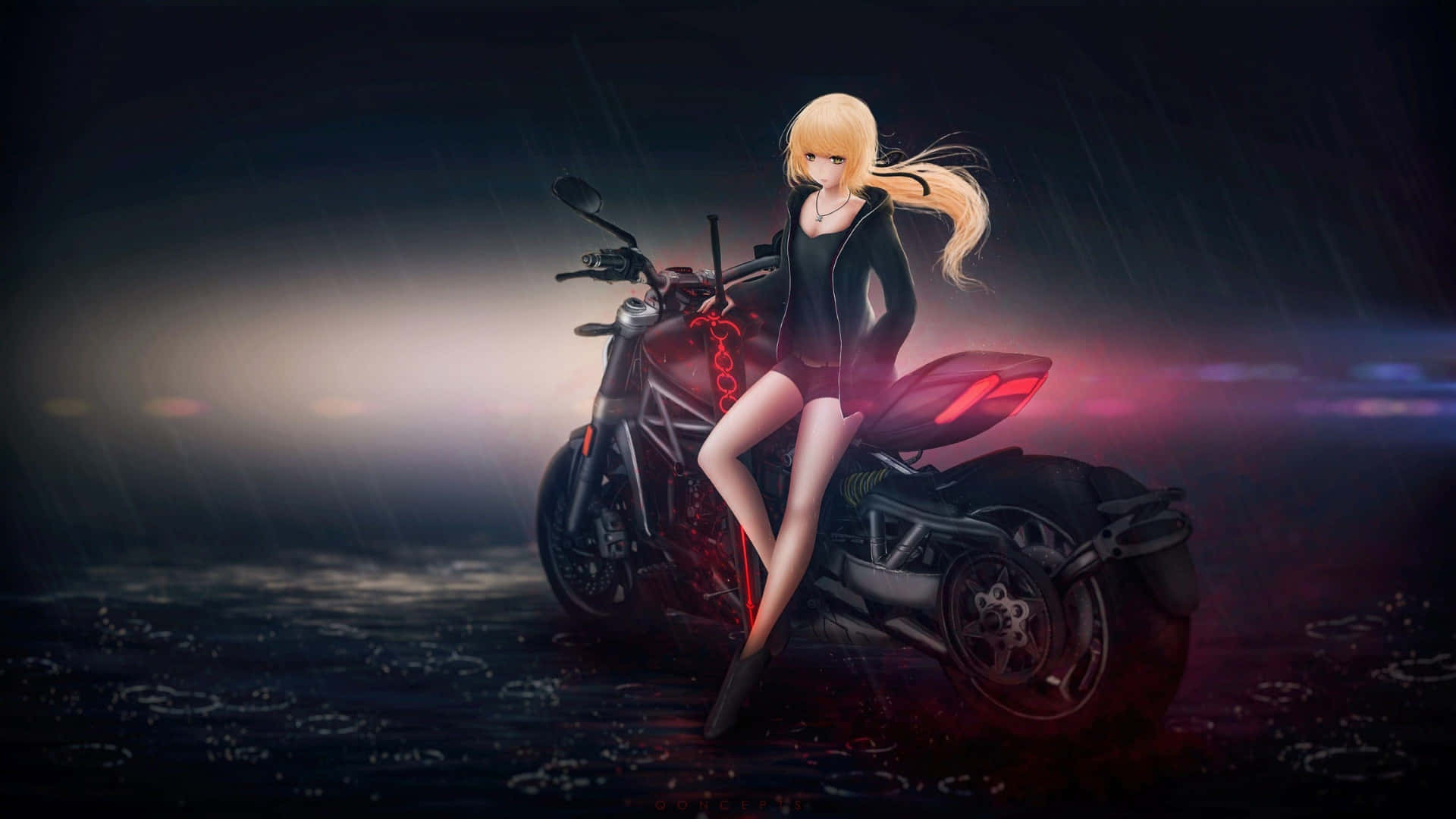 blonde anime girl, black leather, red motorcycle, Full HD Desktop Wallpaper