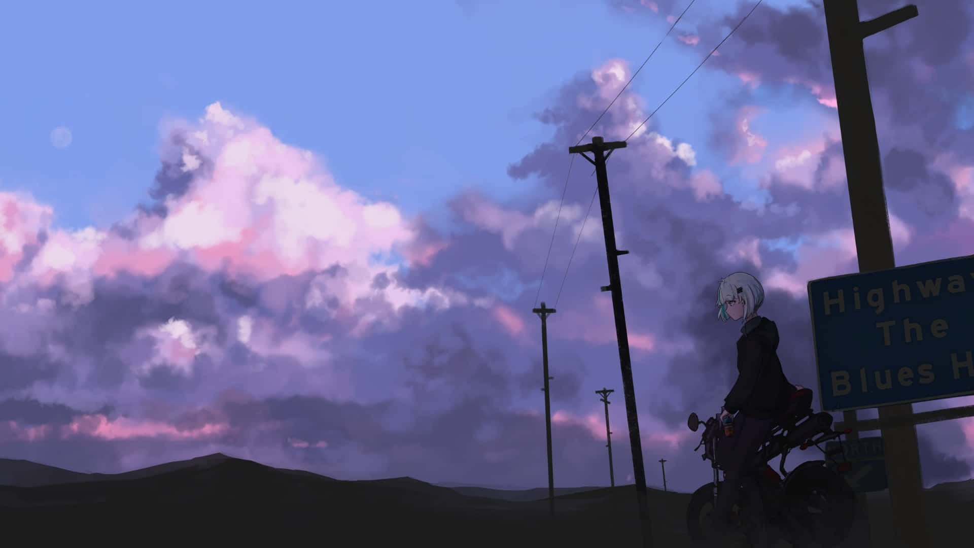 anime motorcycle, sunset ride, twilight sky, Full HD Desktop Wallpaper