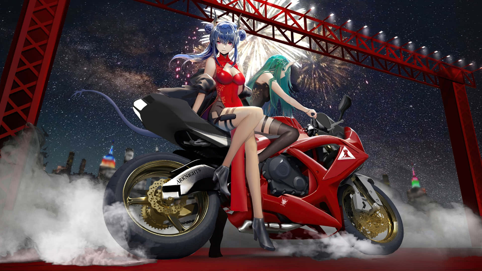 Anime Motorcycle, red motorcycle, fireworks, Full HD Desktop Wallpaper