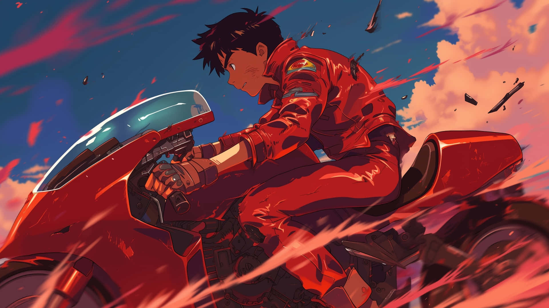 red racing suit, red motorcycle, vibrant sunset sky, Full HD Desktop Wallpaper