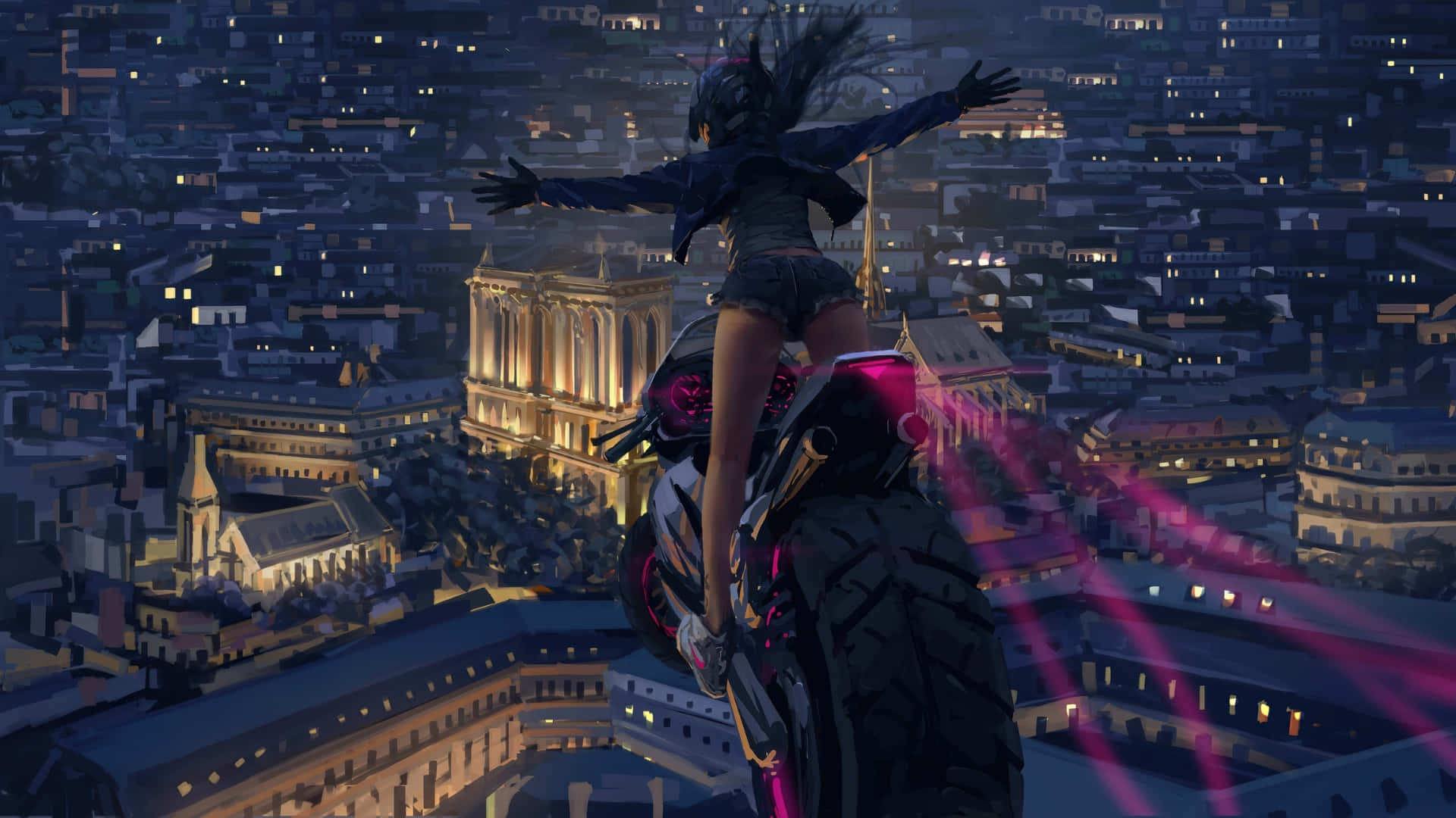 cyberpunk rider, glowing motorcycle, neon-lit Parisian skyline, Full HD Desktop Wallpaper