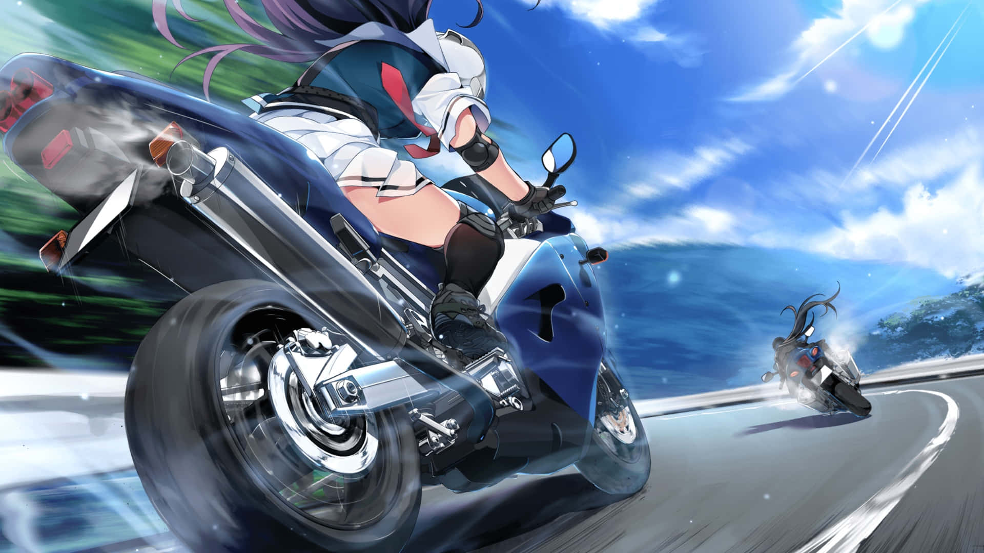 anime girl with purple hair, blue sport motorcycle, winding coastal road, Full HD Desktop Wallpaper