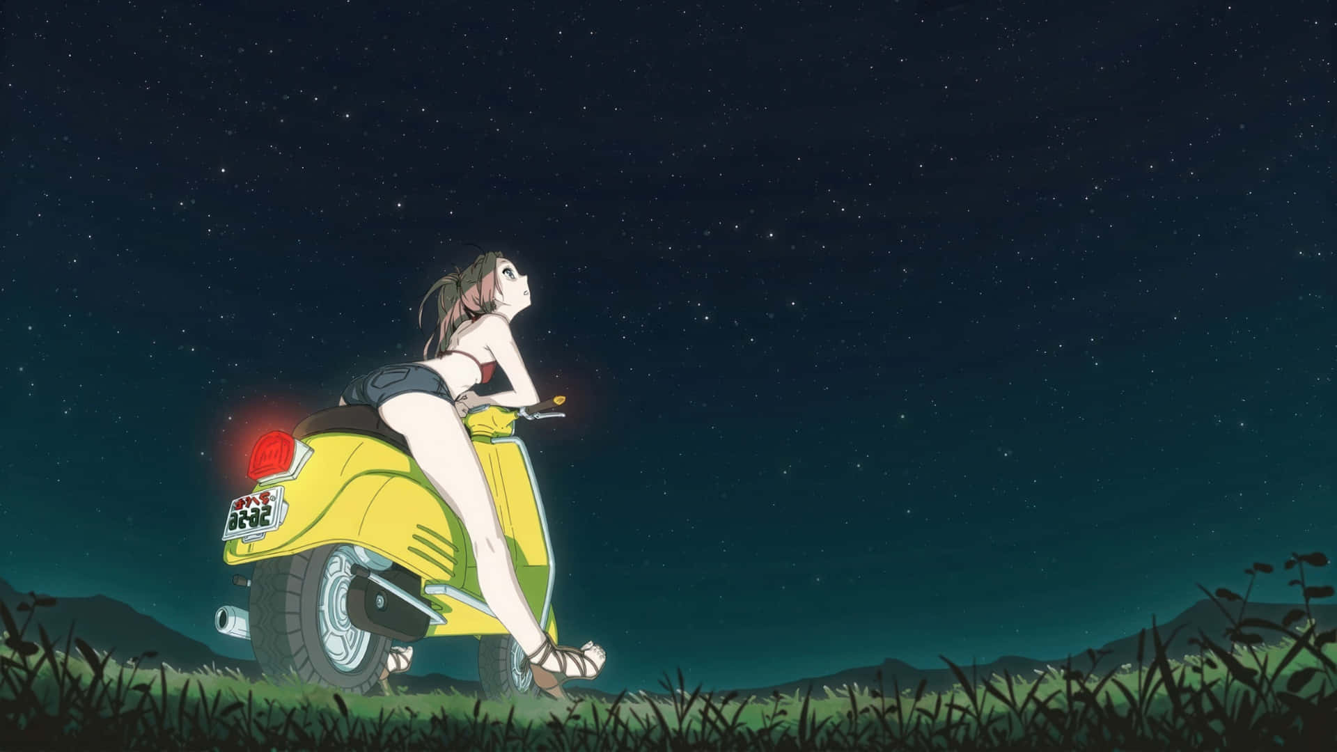 yellow scooter, starry night sky, mountains, Full HD Desktop Wallpaper