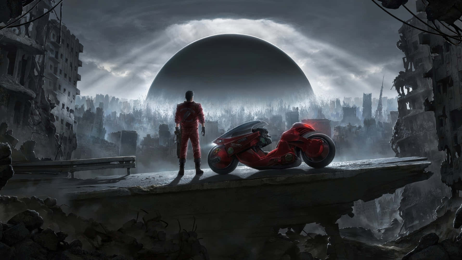 red-suited figure, sleek red motorcycle, broken concrete slab, Full HD Desktop Wallpaper