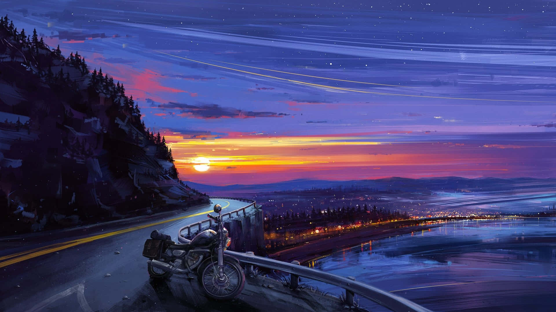 Anime Motorcycle, sunset ride, coastal highway, Full HD Desktop Wallpaper