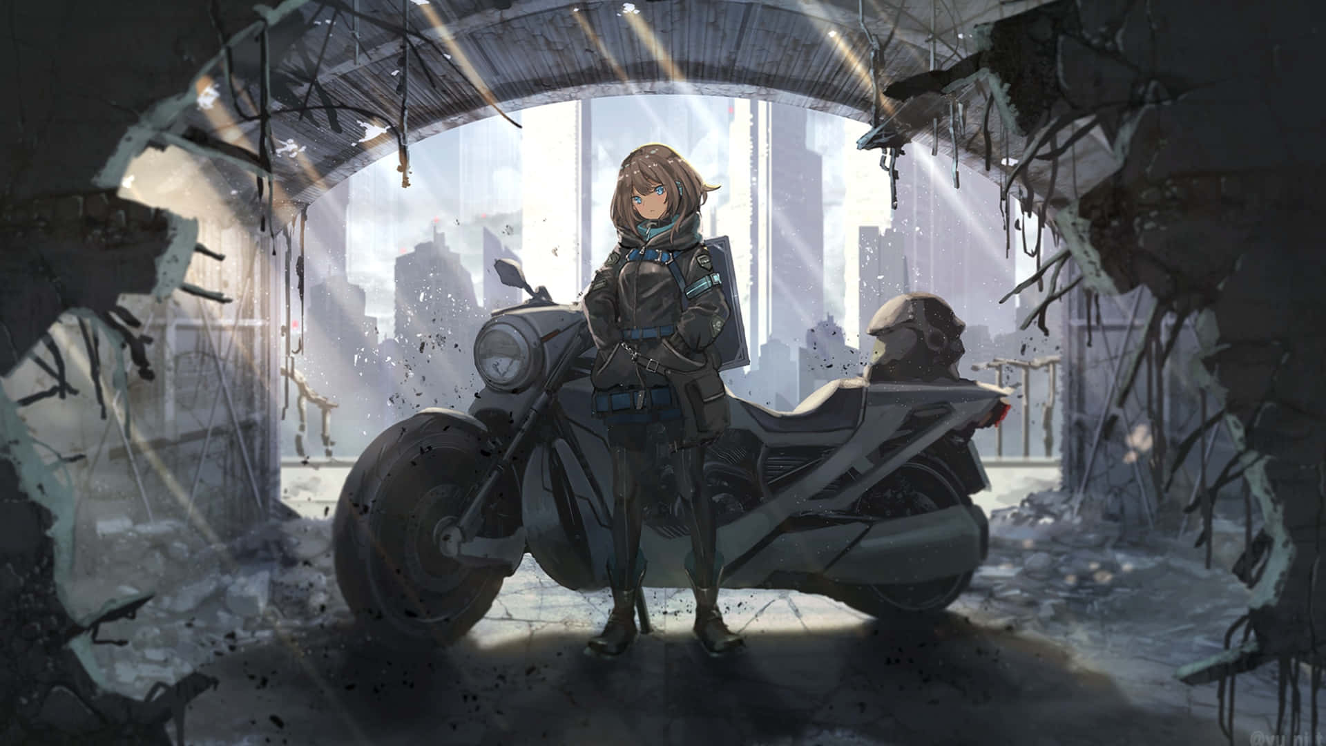 anime girl, tactical gear, motorcycle, Full HD Desktop Wallpaper