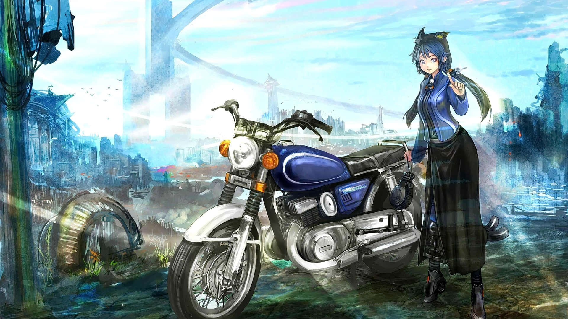 blue motorcycle, cat-eared anime girl, ruined futuristic cityscape, Full HD Desktop Wallpaper