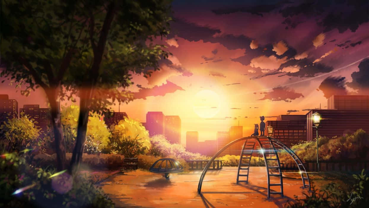 Anime Park Scenery, playground slide, vibrant sunset, SD Desktop Wallpaper