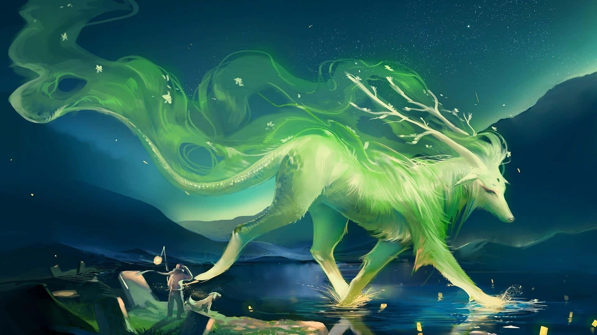 fantasy anime, luminous green mythical fox, flowing energy trails, Full HD Desktop Wallpaper