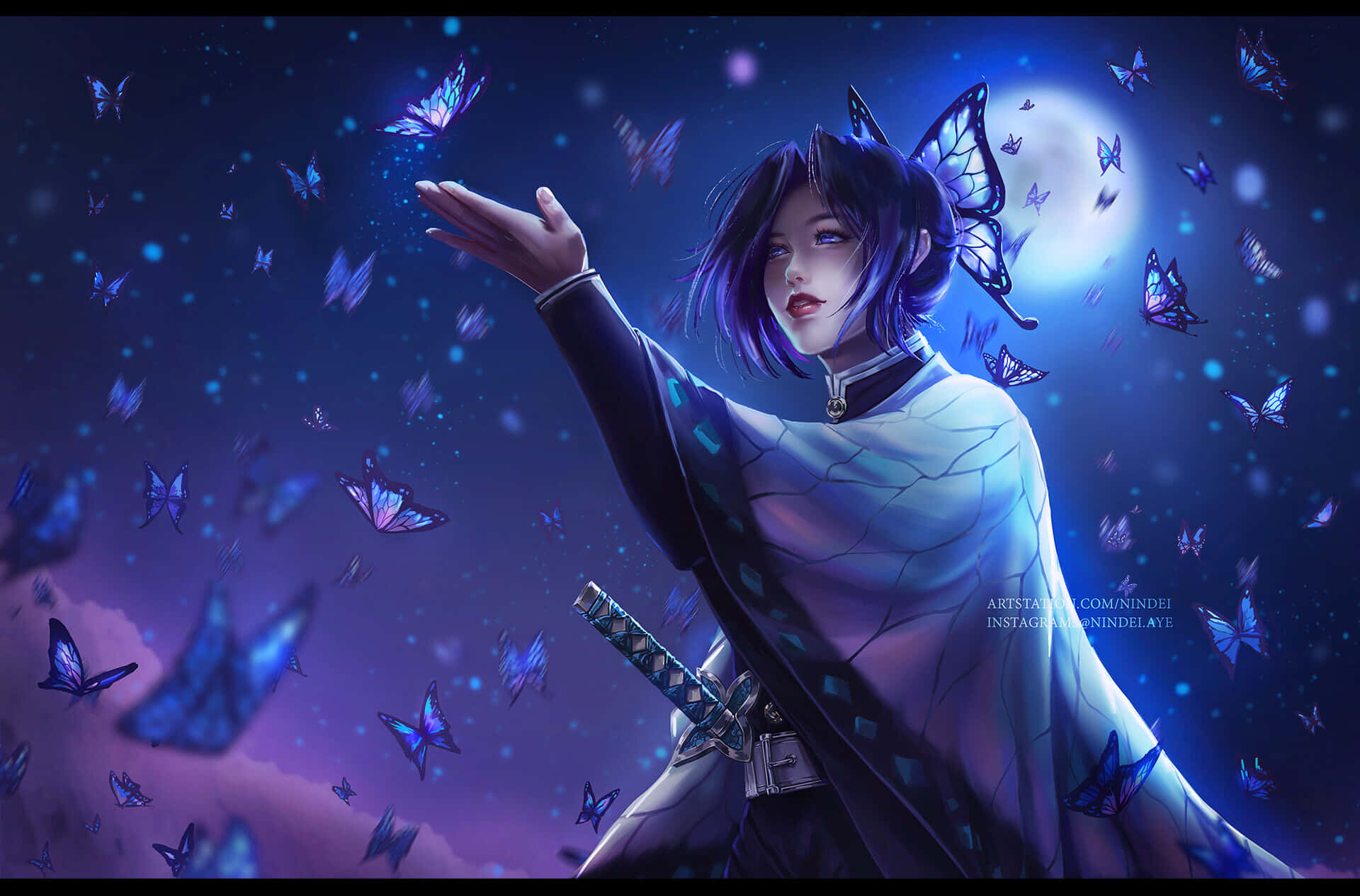 anime girl, butterfly wings, glowing blue butterflies, Full HD Desktop Wallpaper