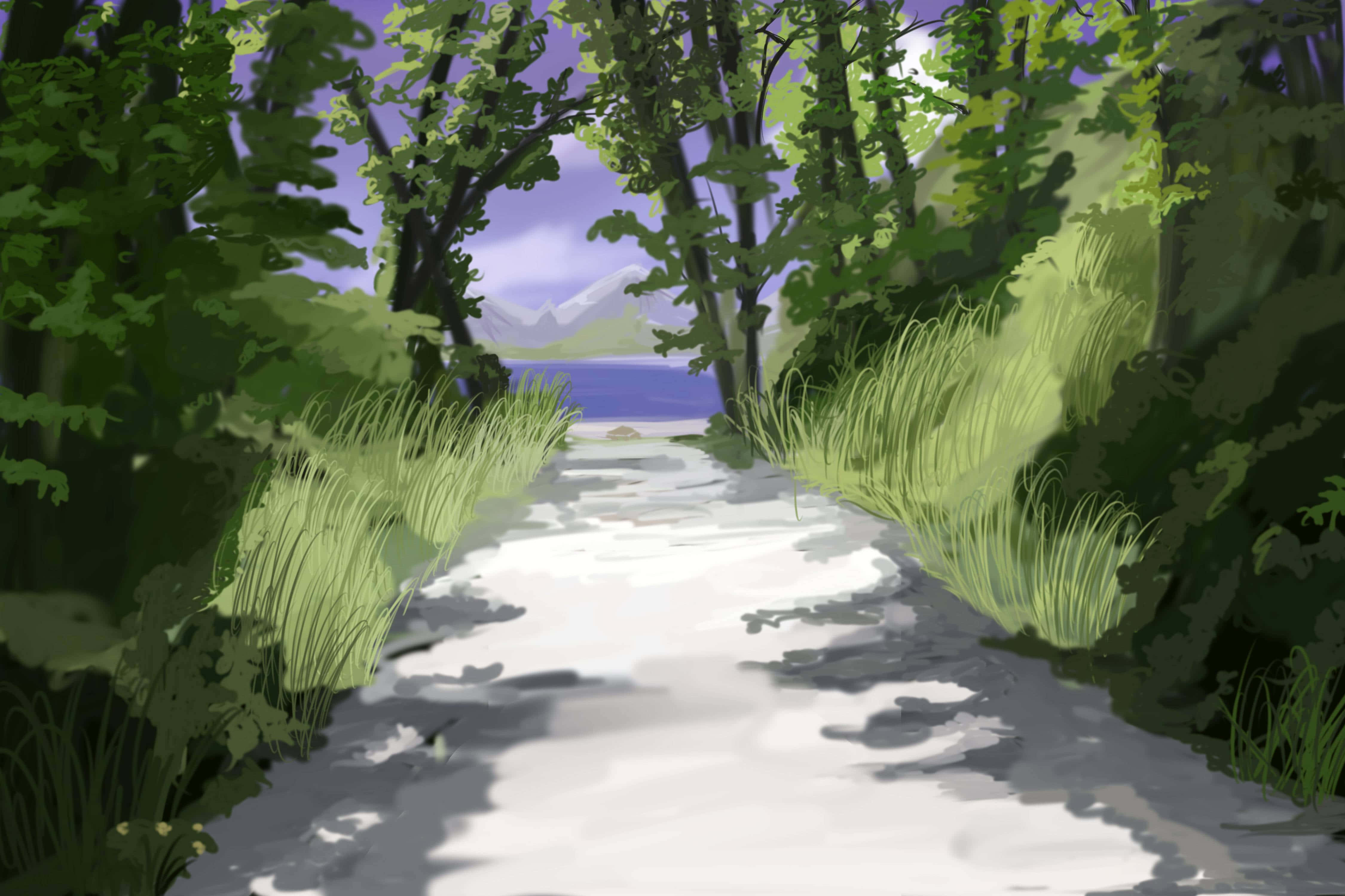 Anime Park Scenery, forest path, tall grass, 4K Desktop Wallpaper