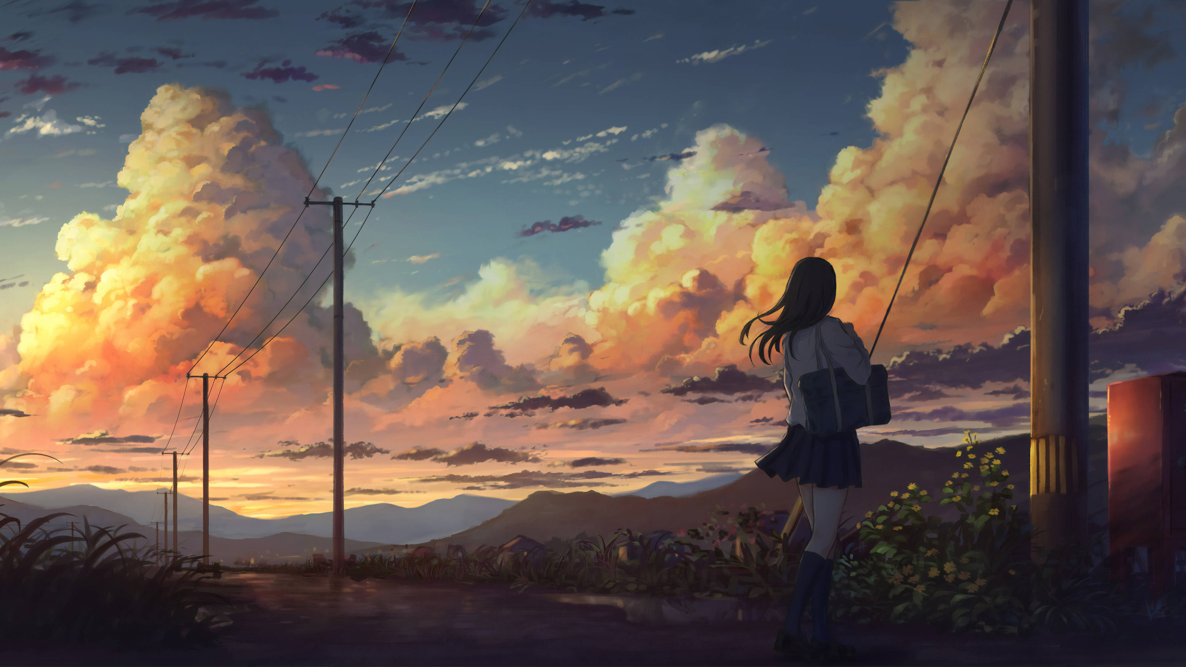 anime girl, school uniform, roadside pole, 4K Desktop Wallpaper